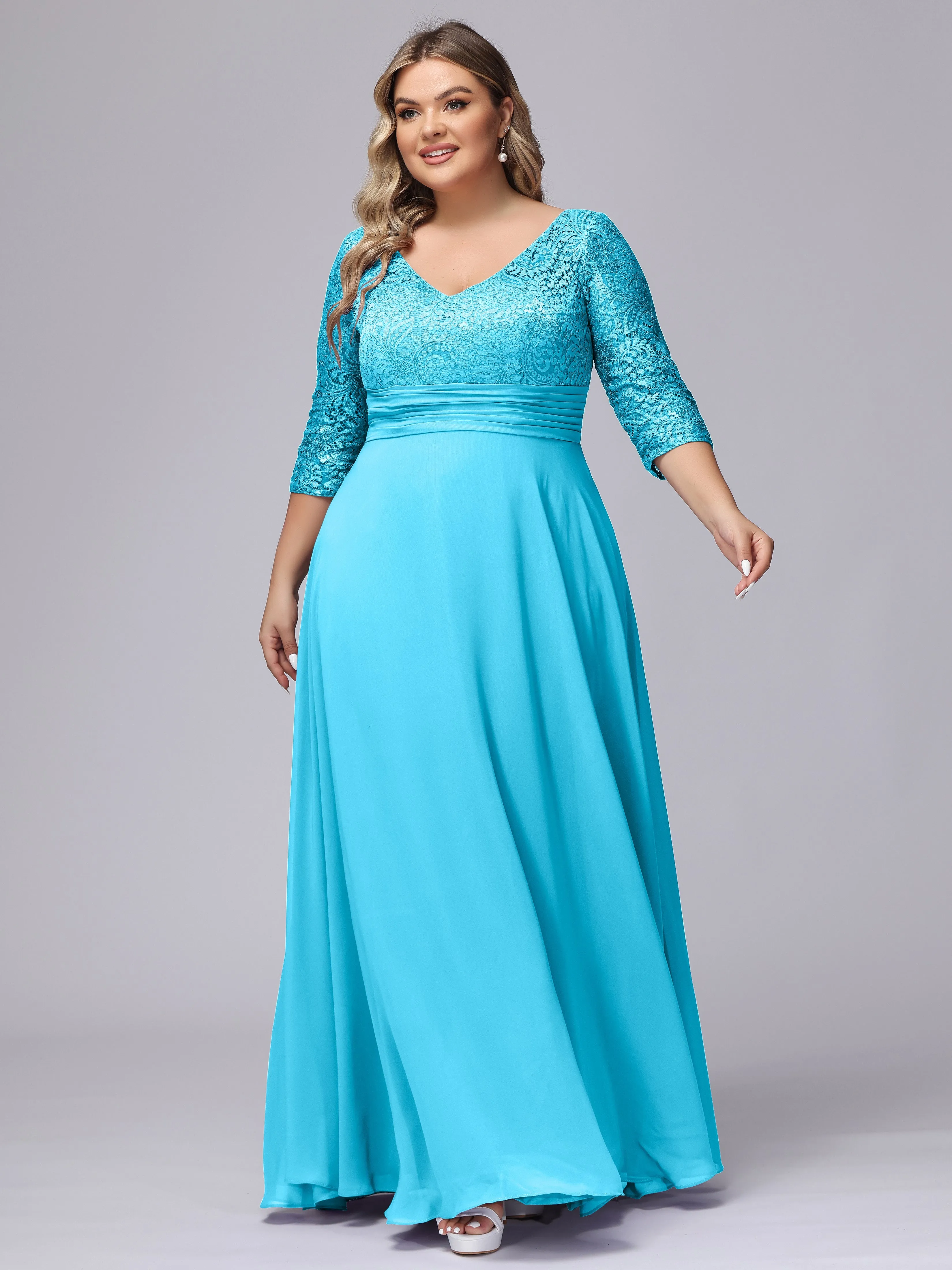 A-line V-Neck 3/4 Sleeves Lace Chiffon Plus Size Bridesmaid Dresses