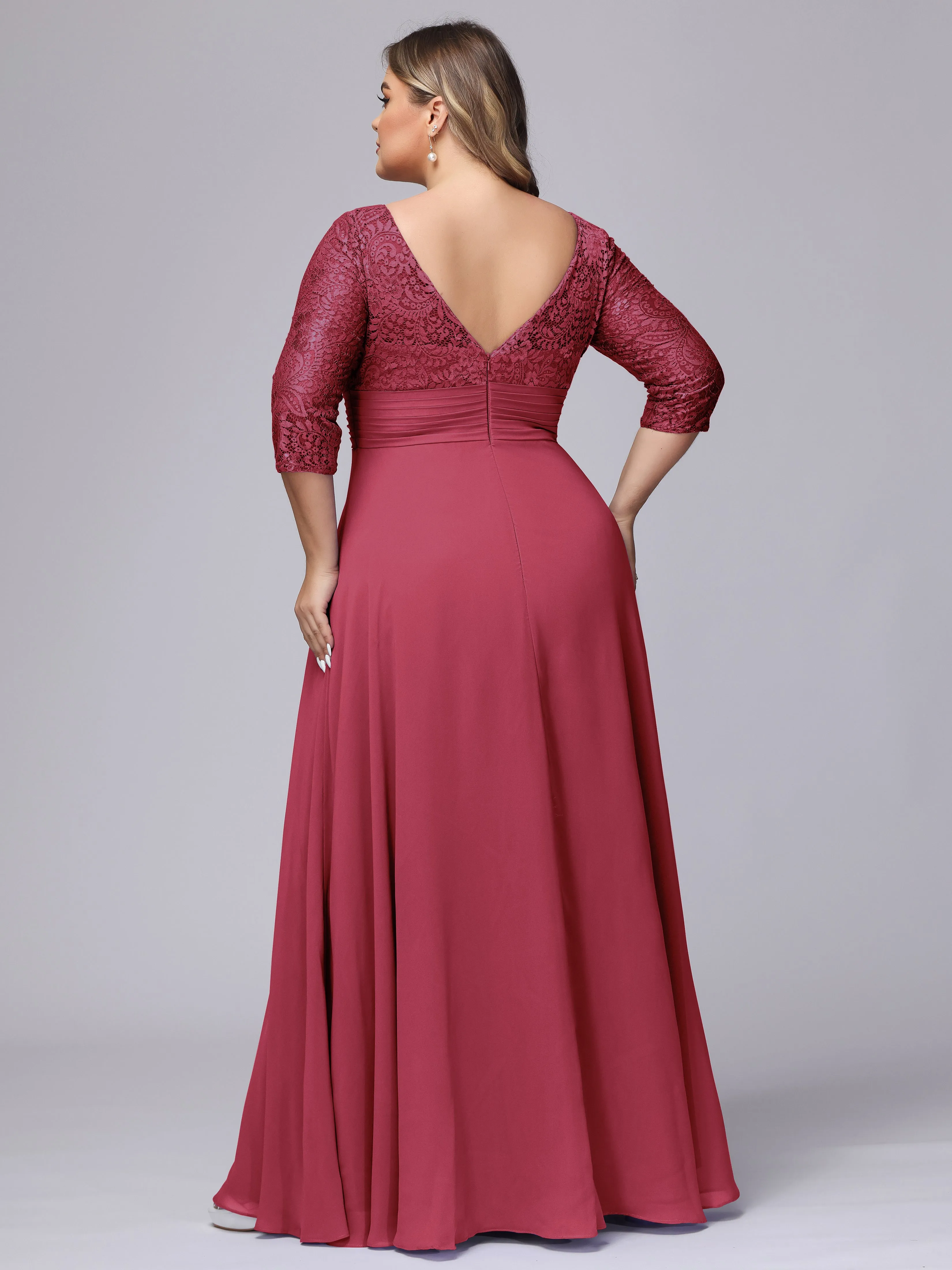 A-line V-Neck 3/4 Sleeves Lace Chiffon Plus Size Bridesmaid Dresses