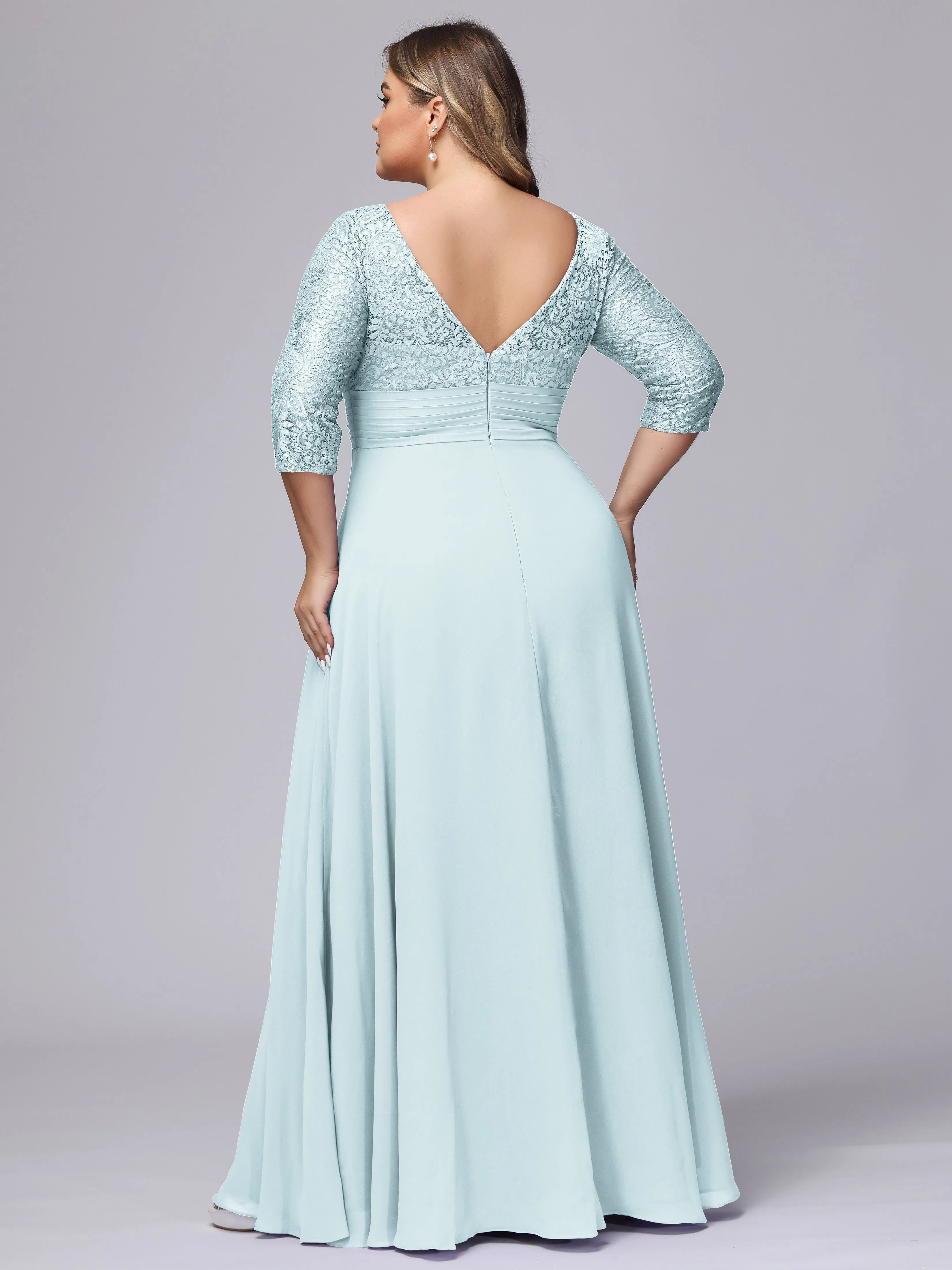 A-line V-Neck 3/4 Sleeves Lace Chiffon Plus Size Bridesmaid Dresses