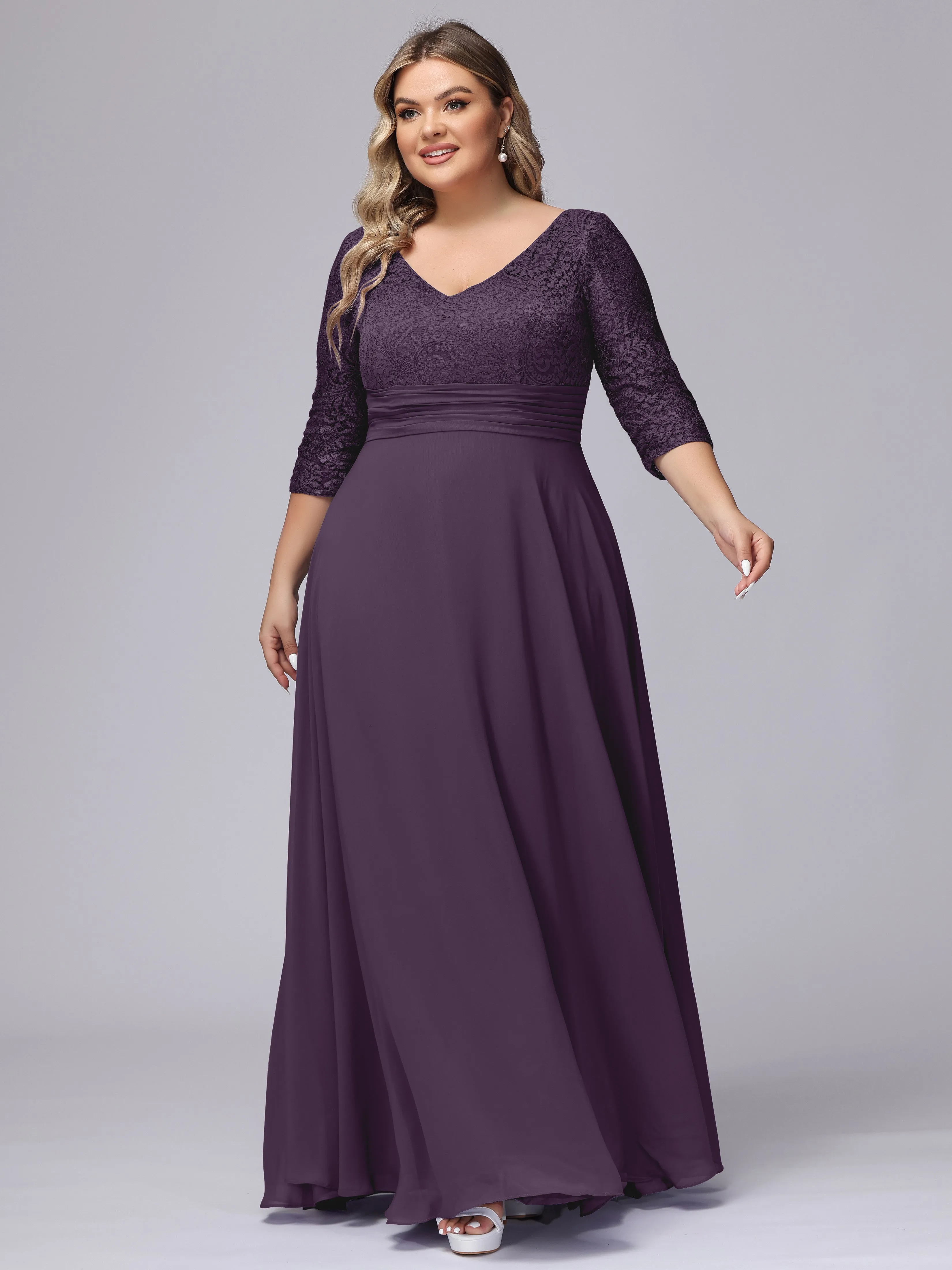 A-line V-Neck 3/4 Sleeves Lace Chiffon Plus Size Bridesmaid Dresses