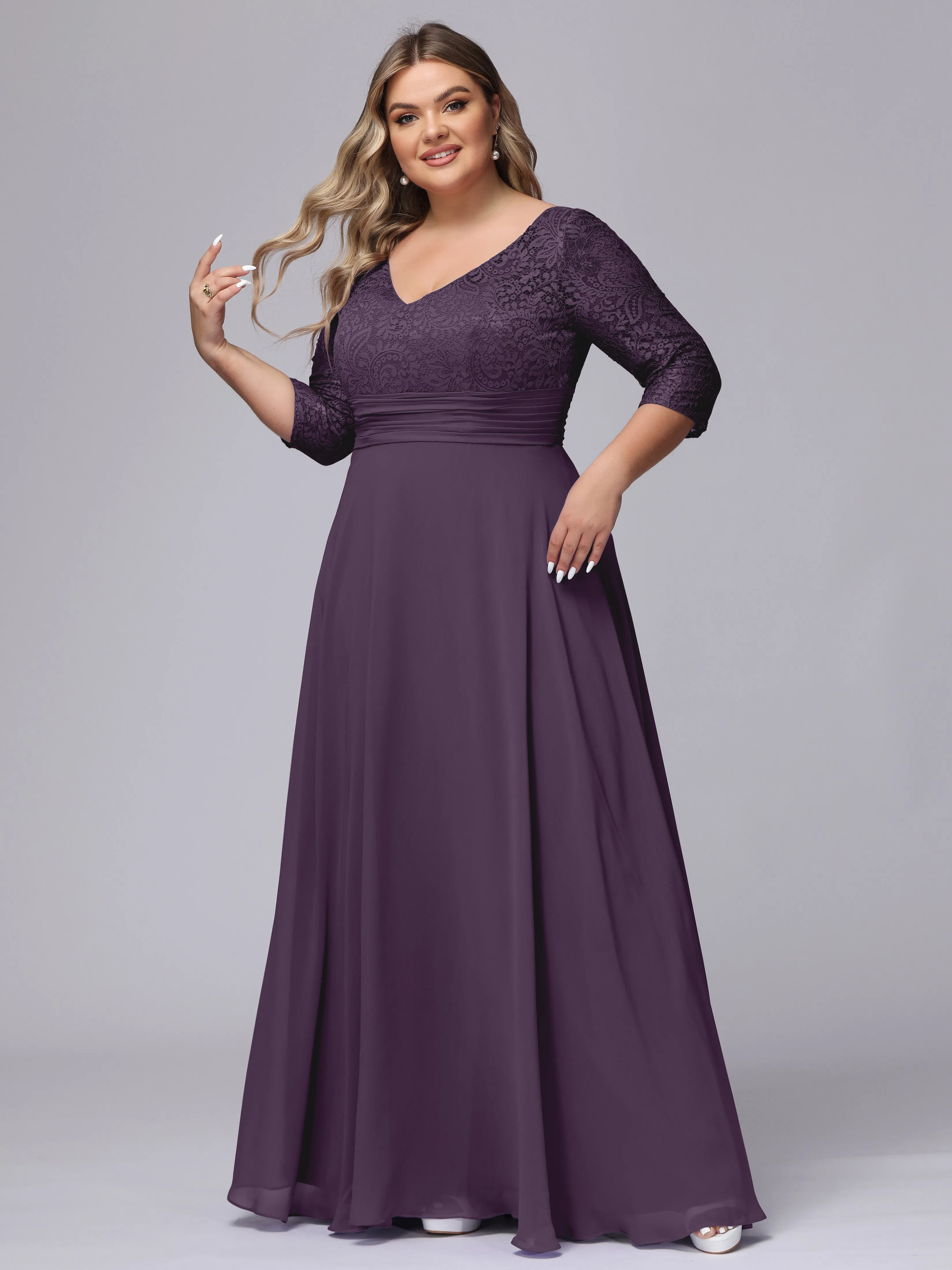 A-line V-Neck 3/4 Sleeves Lace Chiffon Plus Size Bridesmaid Dresses