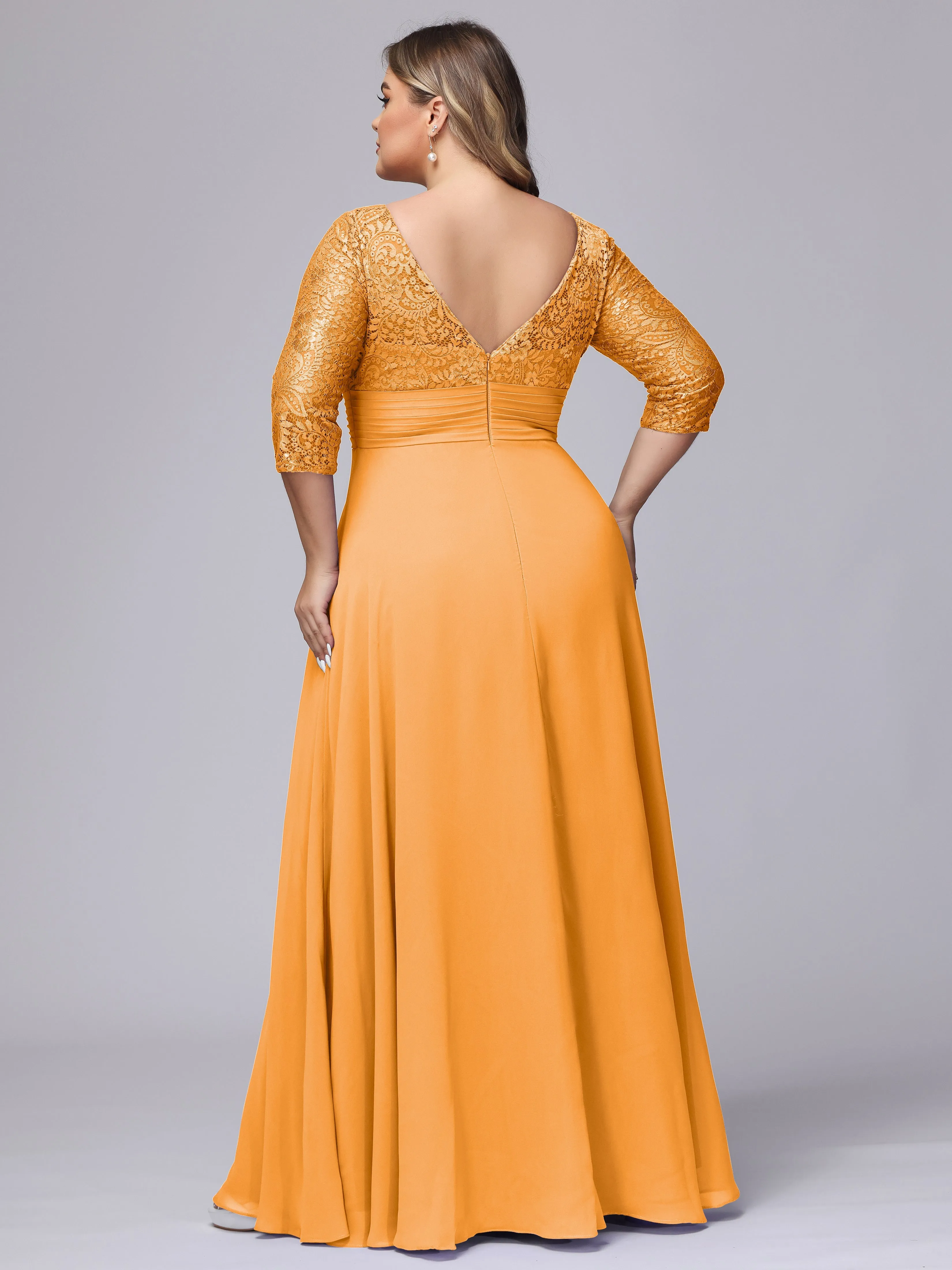 A-line V-Neck 3/4 Sleeves Lace Chiffon Plus Size Bridesmaid Dresses
