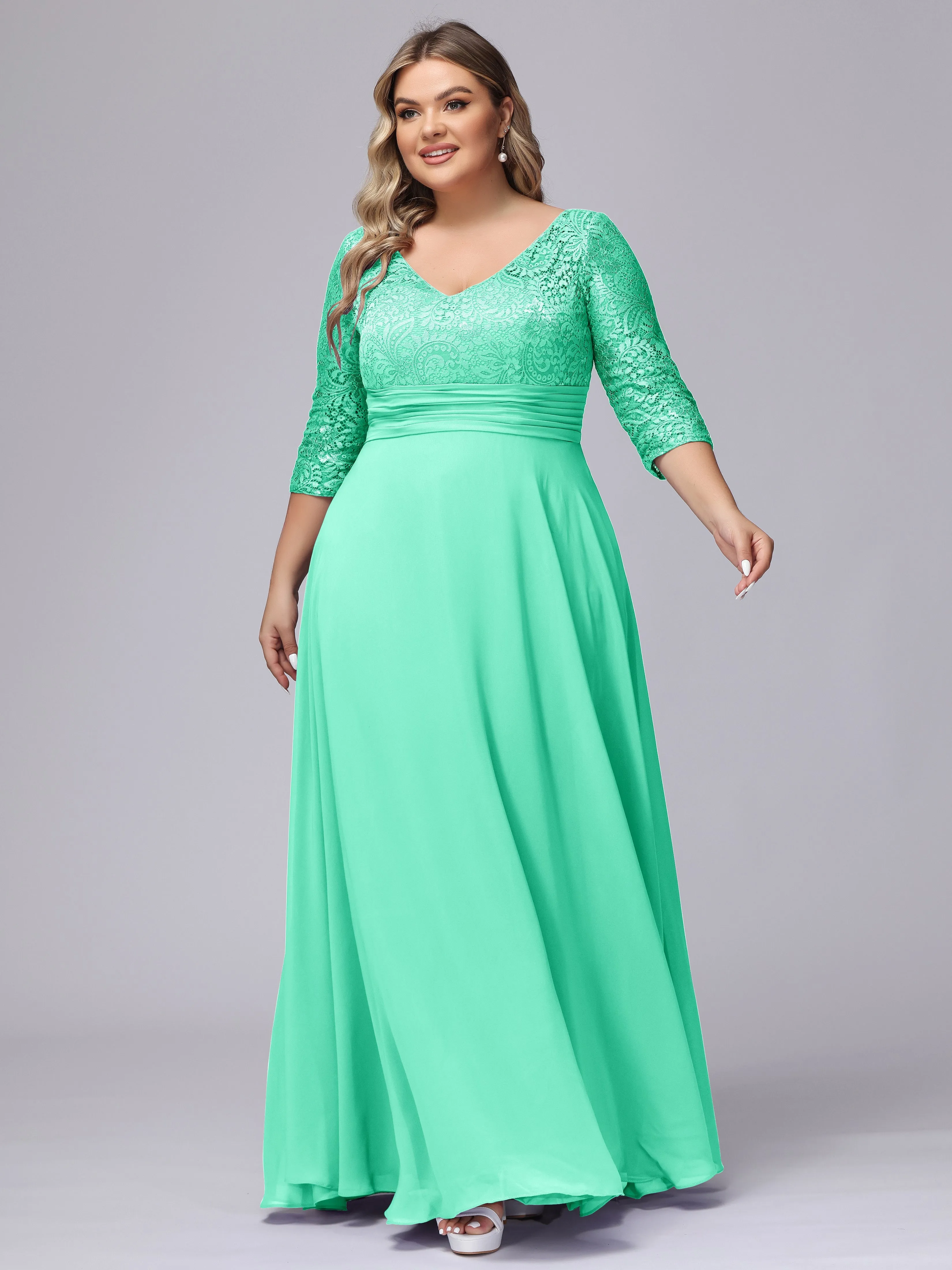 A-line V-Neck 3/4 Sleeves Lace Chiffon Plus Size Bridesmaid Dresses
