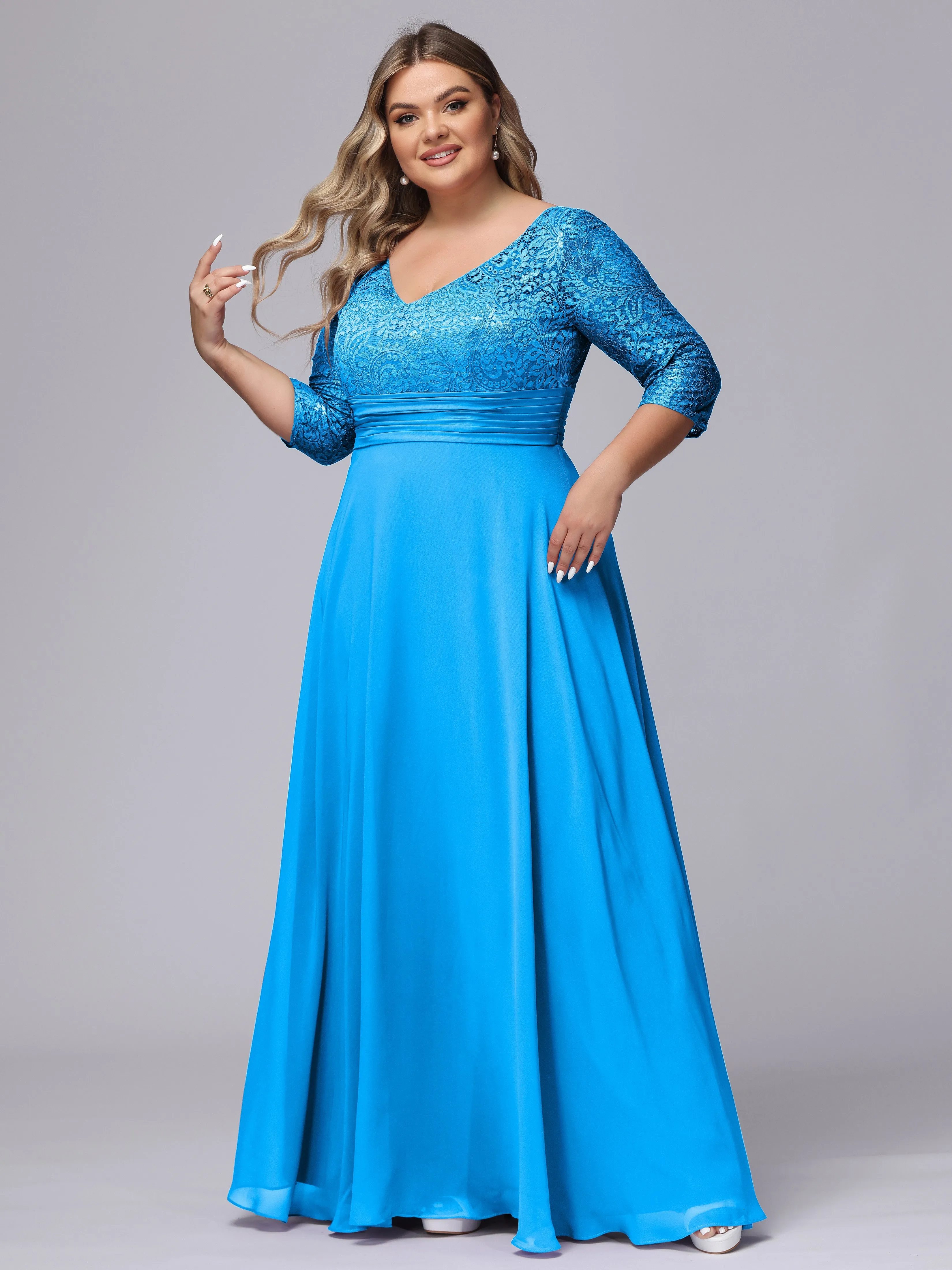 A-line V-Neck 3/4 Sleeves Lace Chiffon Plus Size Bridesmaid Dresses