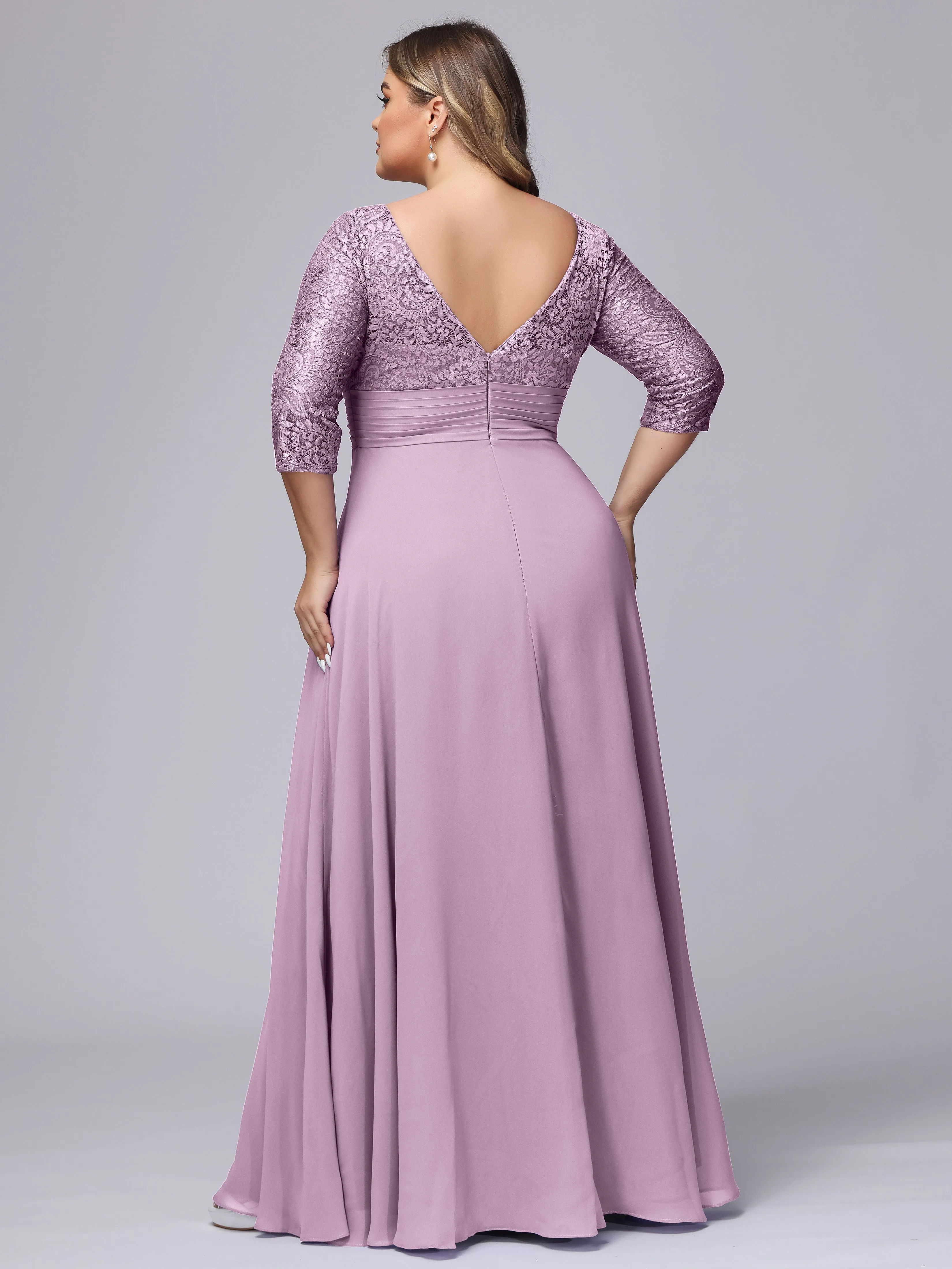 A-line V-Neck 3/4 Sleeves Lace Chiffon Plus Size Bridesmaid Dresses