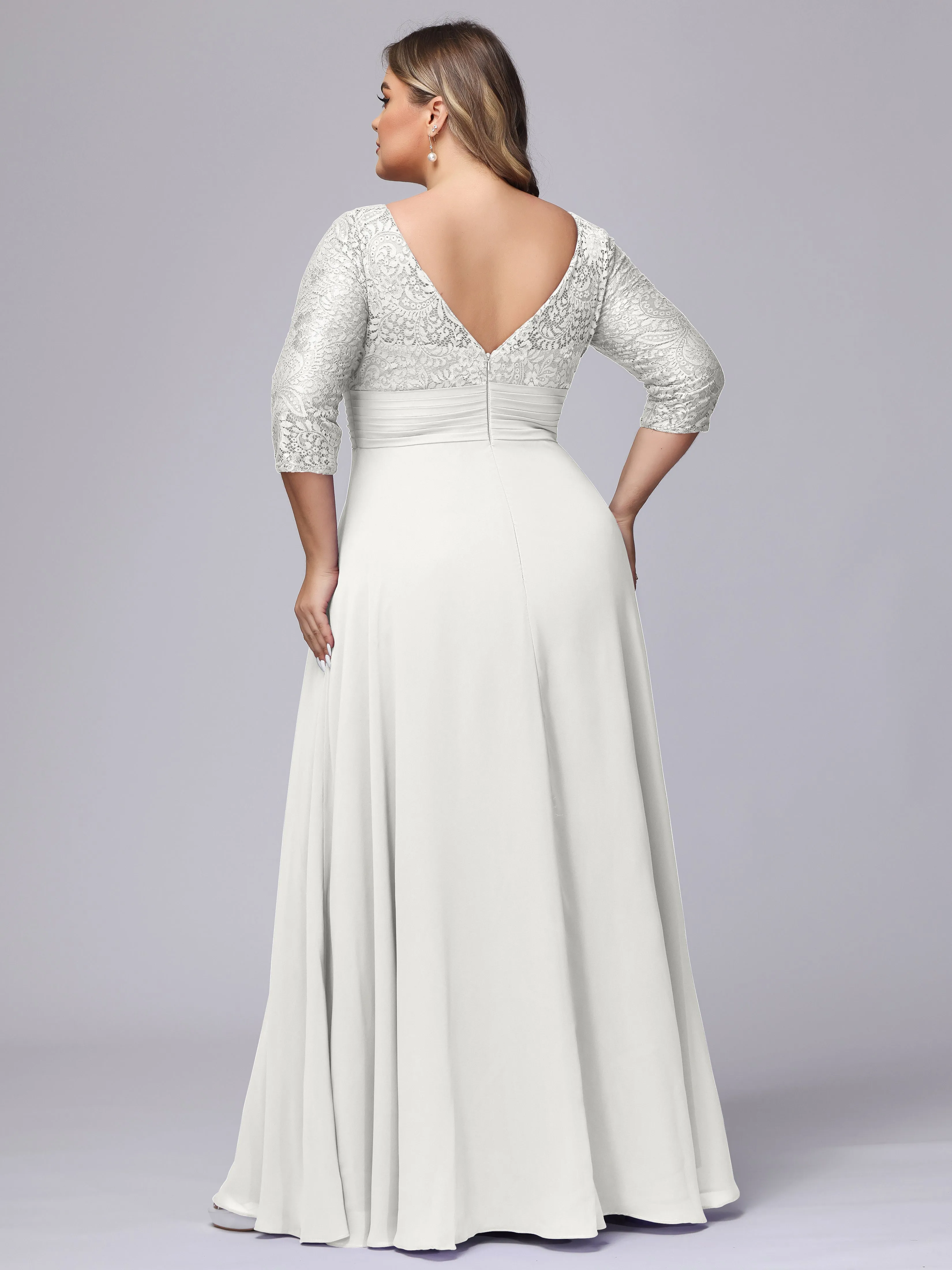 A-line V-Neck 3/4 Sleeves Lace Chiffon Plus Size Bridesmaid Dresses
