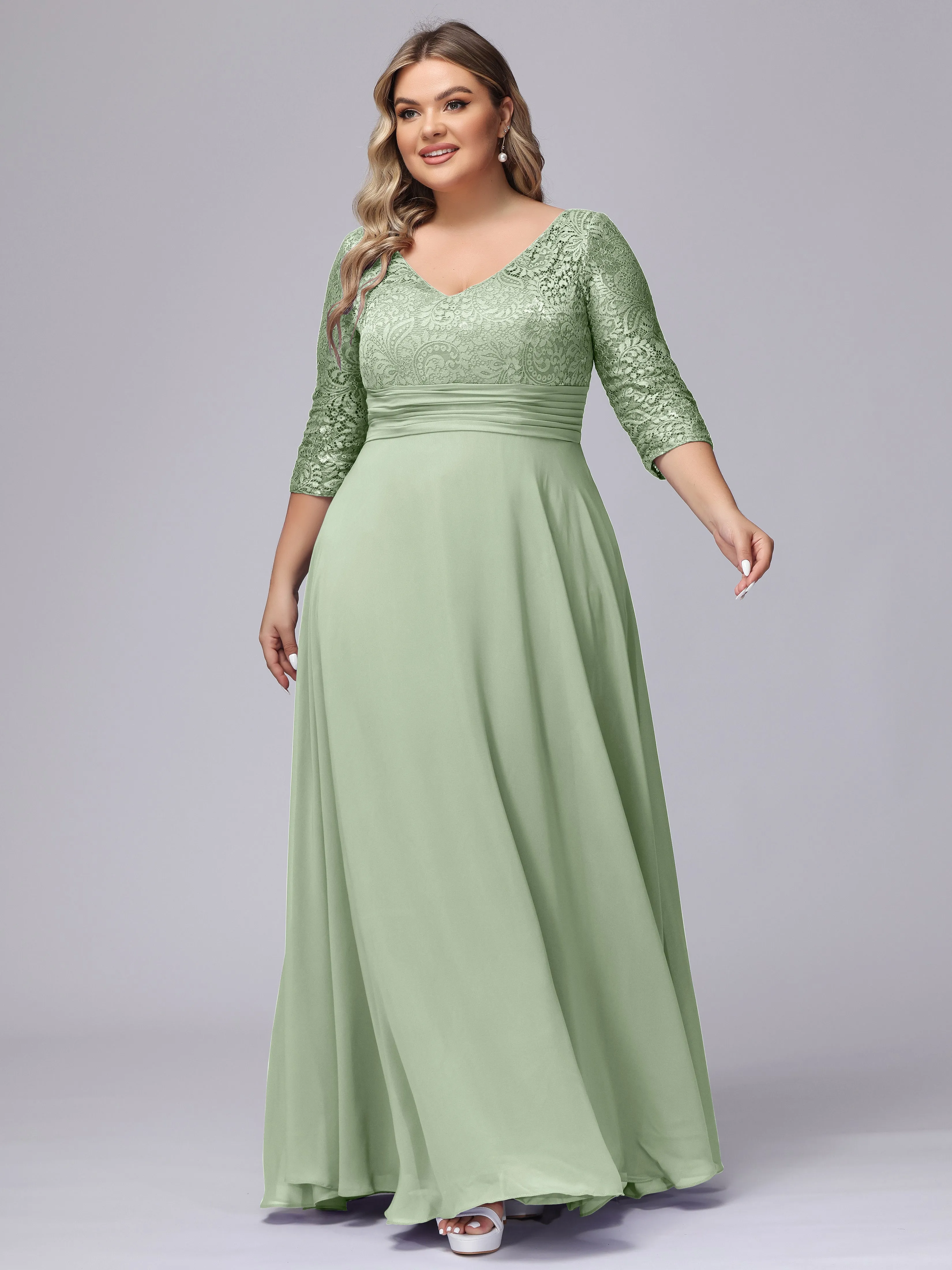 A-line V-Neck 3/4 Sleeves Lace Chiffon Plus Size Bridesmaid Dresses