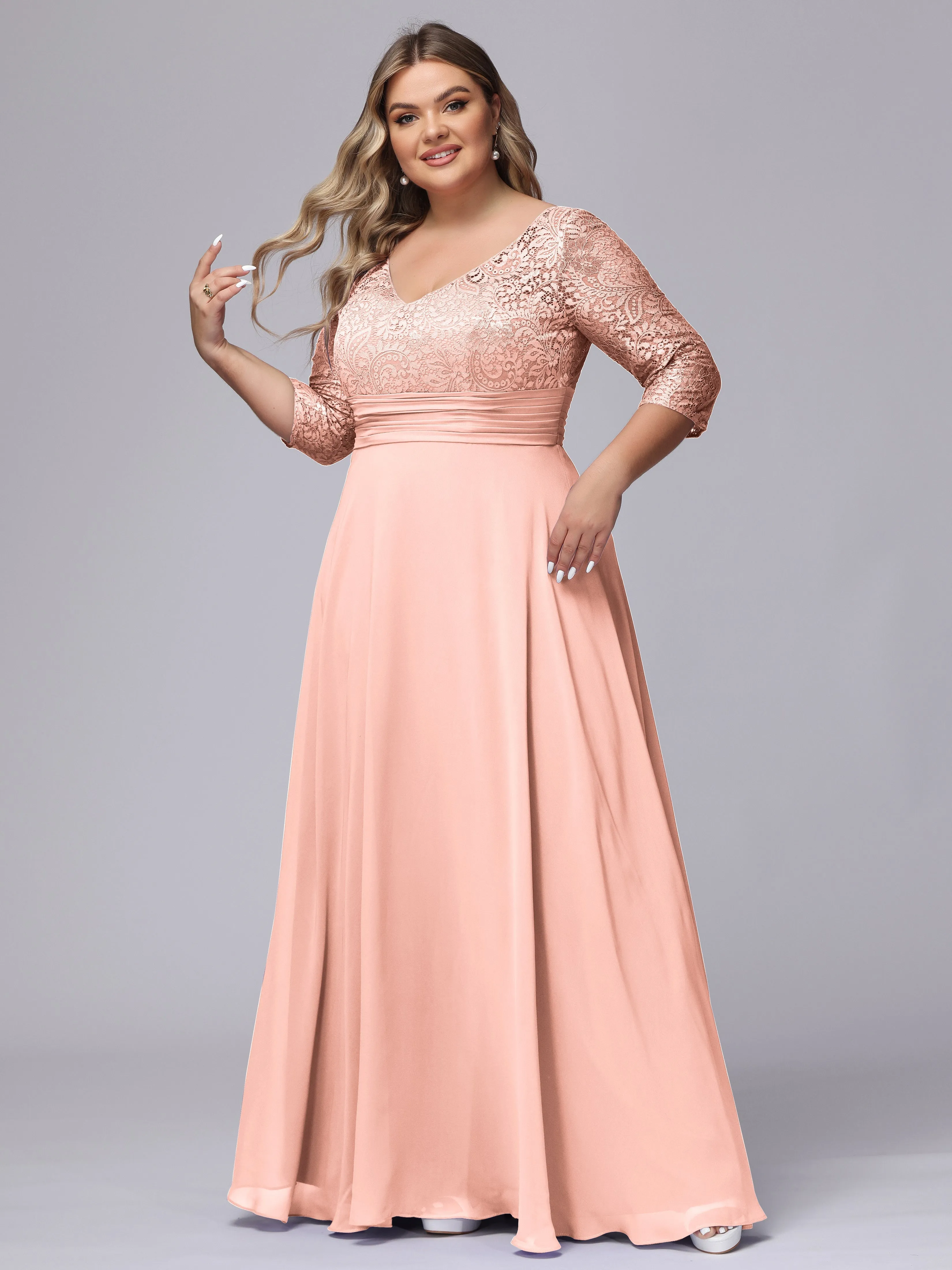 A-line V-Neck 3/4 Sleeves Lace Chiffon Plus Size Bridesmaid Dresses
