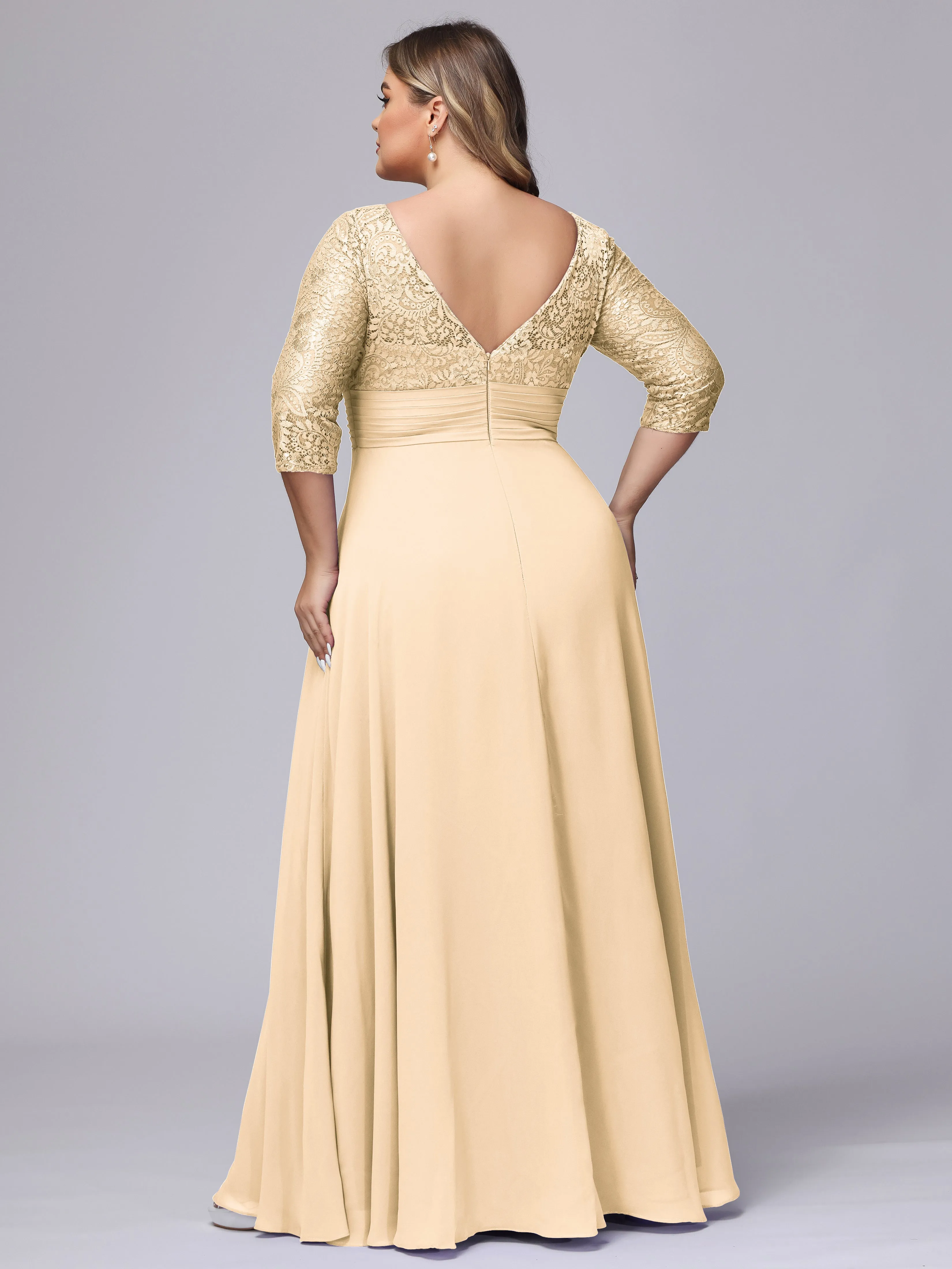 A-line V-Neck 3/4 Sleeves Lace Chiffon Plus Size Bridesmaid Dresses