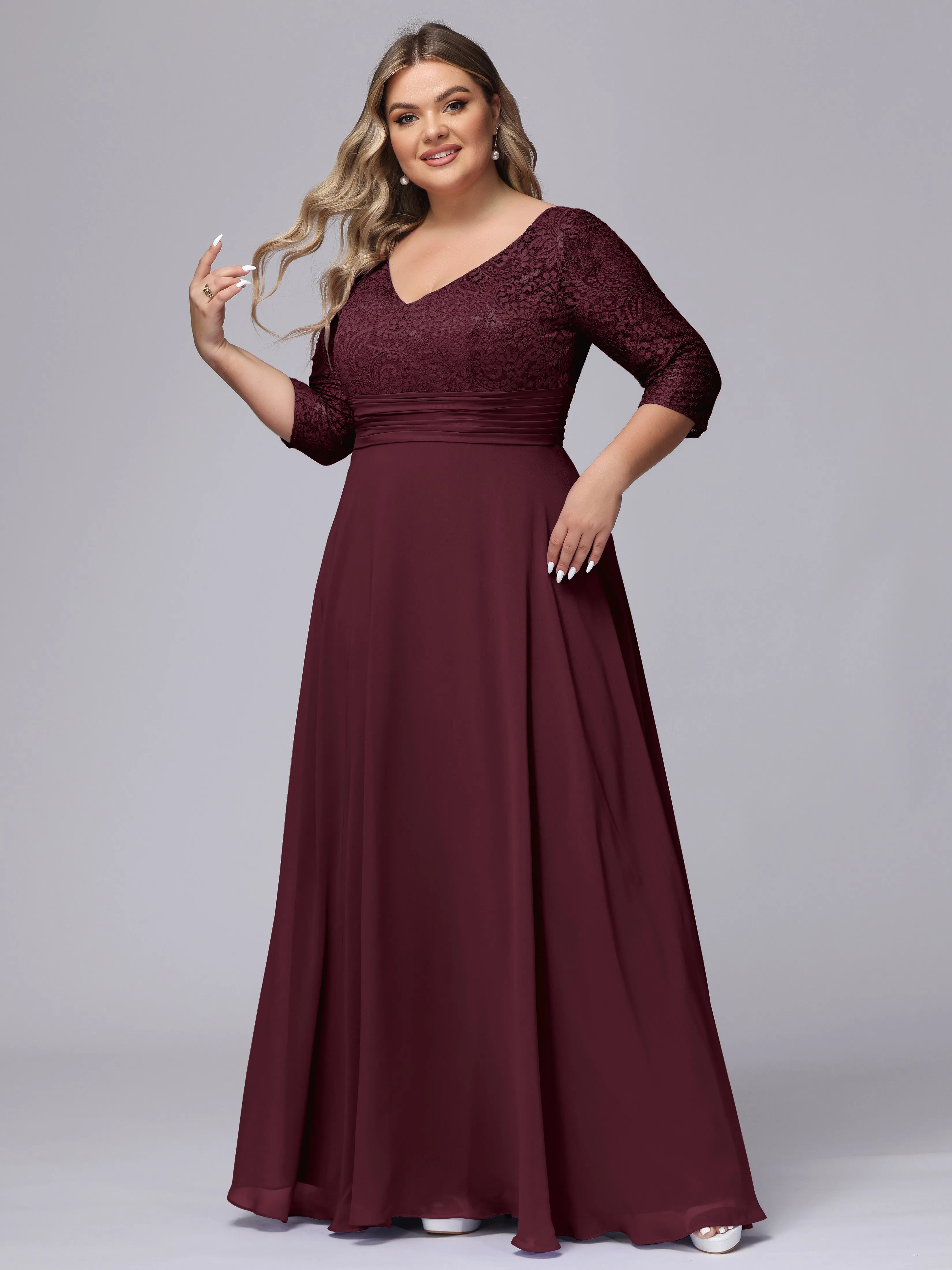 A-line V-Neck 3/4 Sleeves Lace Chiffon Plus Size Bridesmaid Dresses