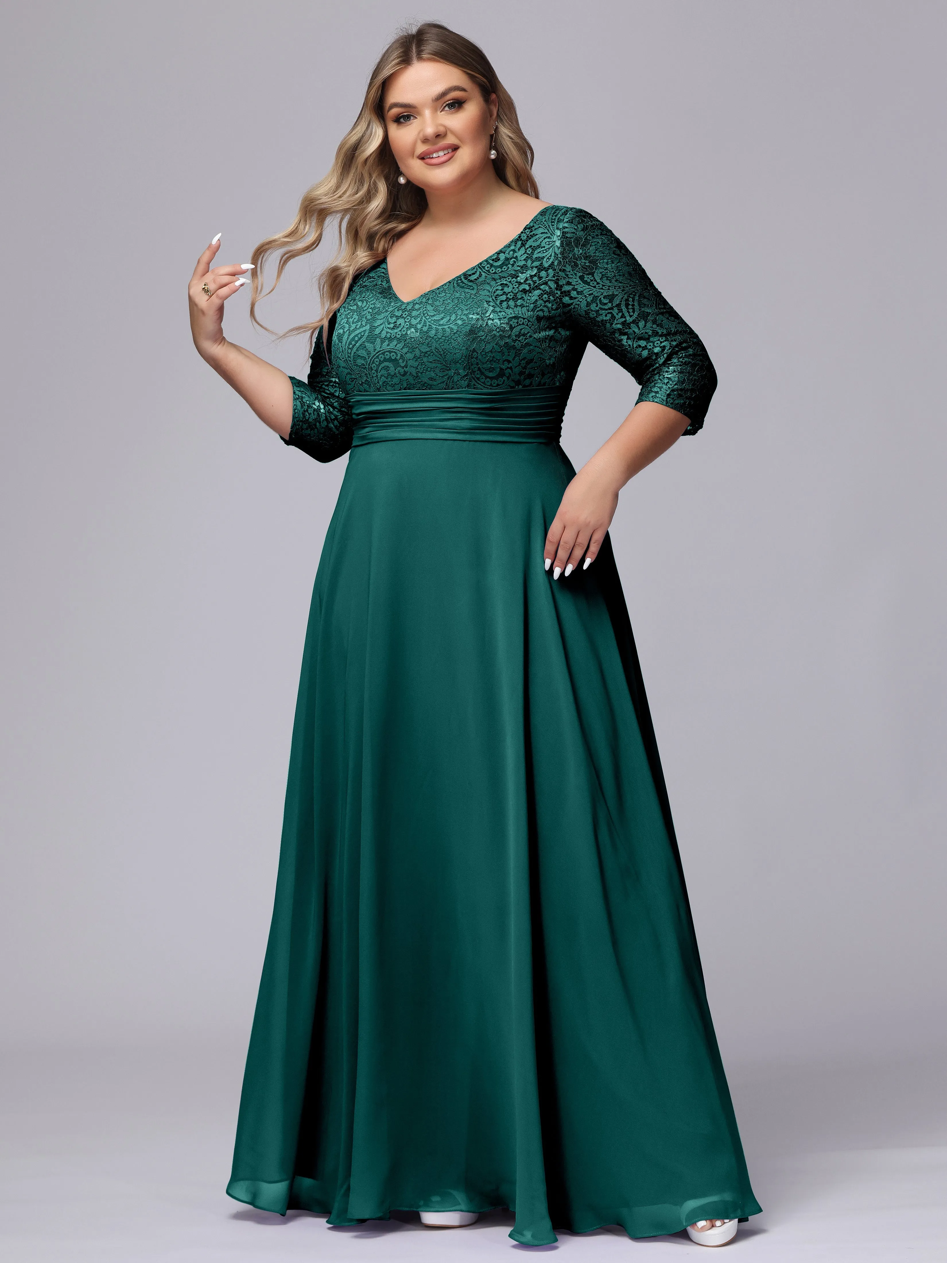 A-line V-Neck 3/4 Sleeves Lace Chiffon Plus Size Bridesmaid Dresses