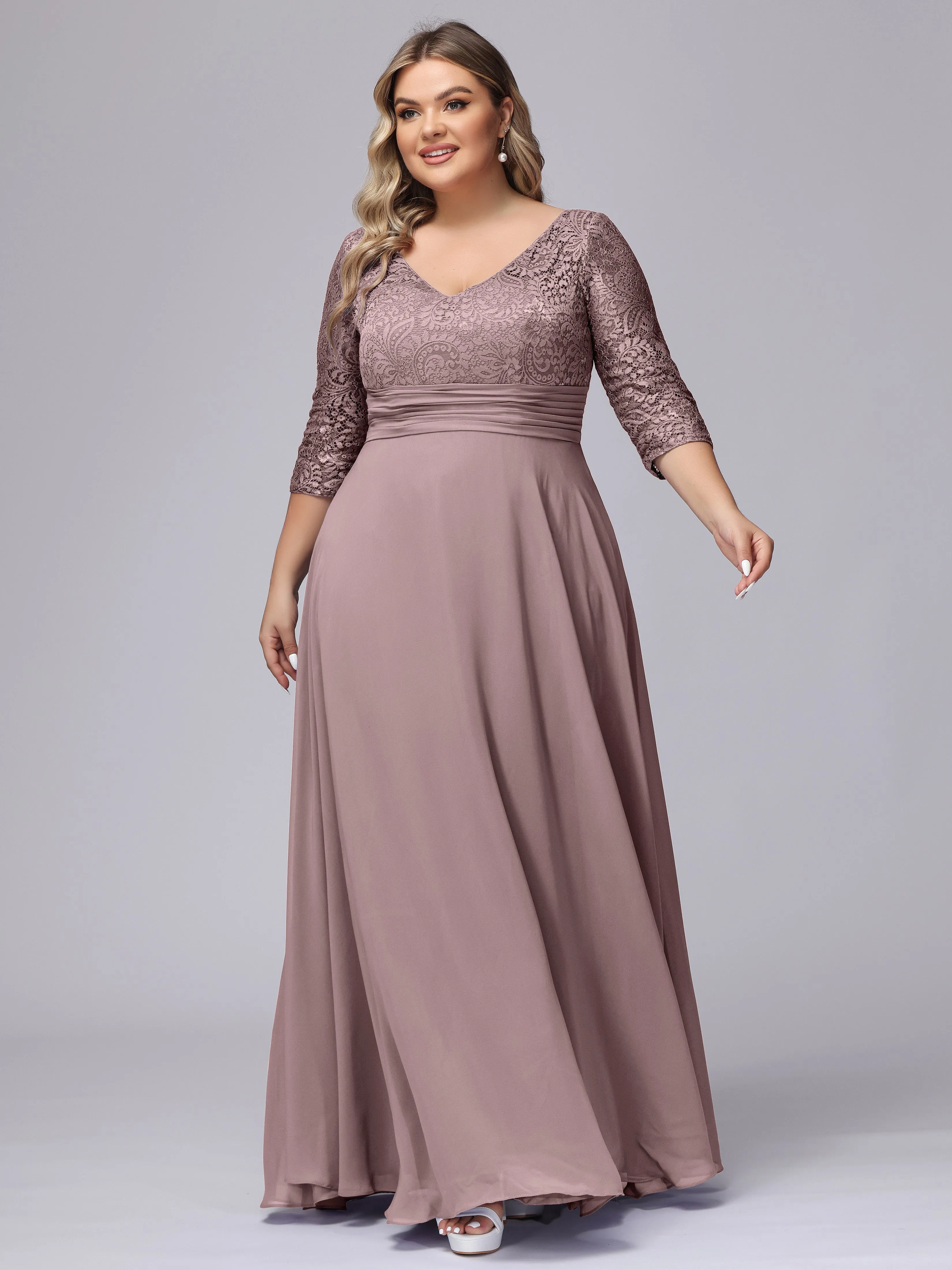 A-line V-Neck 3/4 Sleeves Lace Chiffon Plus Size Bridesmaid Dresses