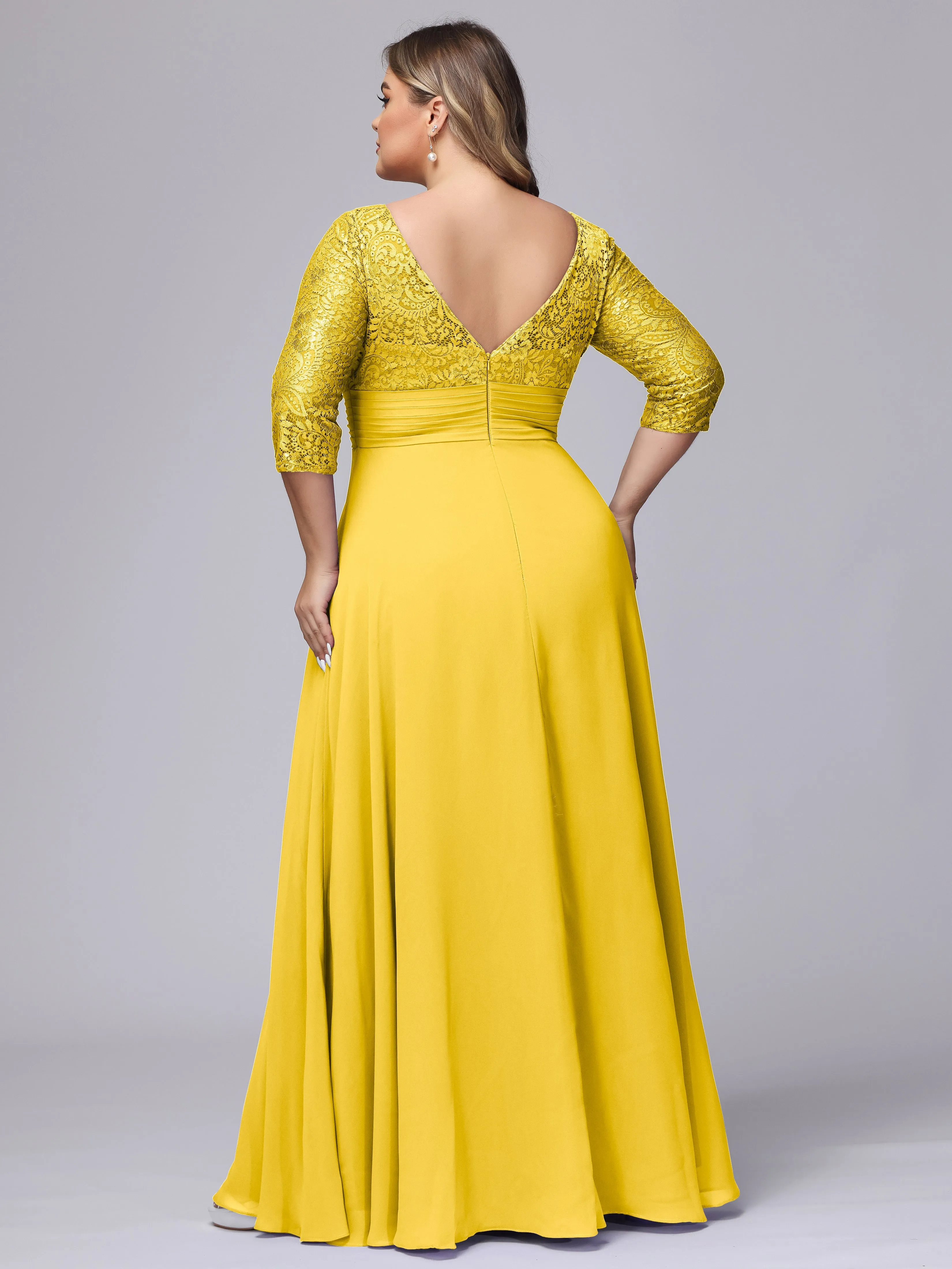 A-line V-Neck 3/4 Sleeves Lace Chiffon Plus Size Bridesmaid Dresses