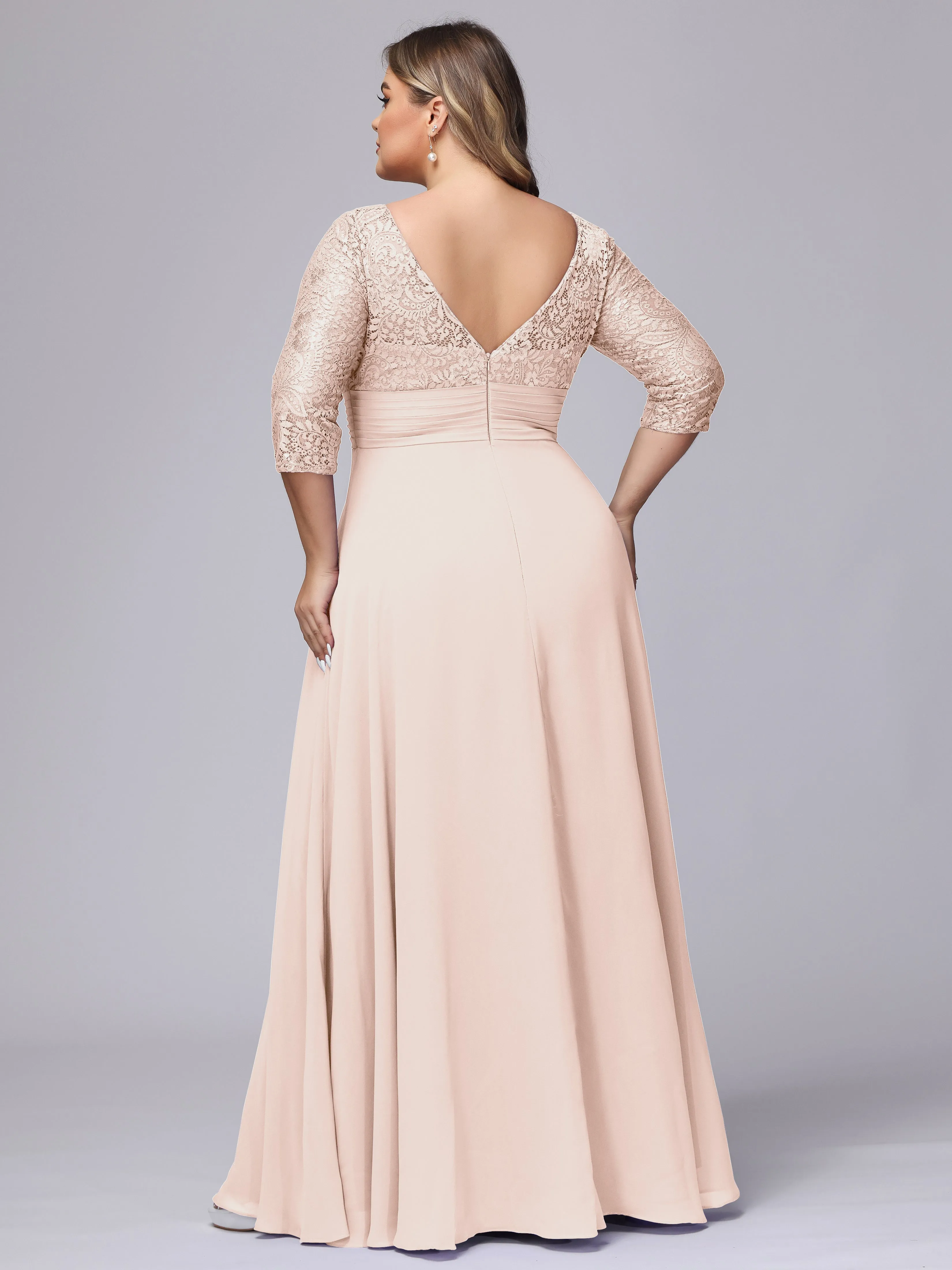 A-line V-Neck 3/4 Sleeves Lace Chiffon Plus Size Bridesmaid Dresses