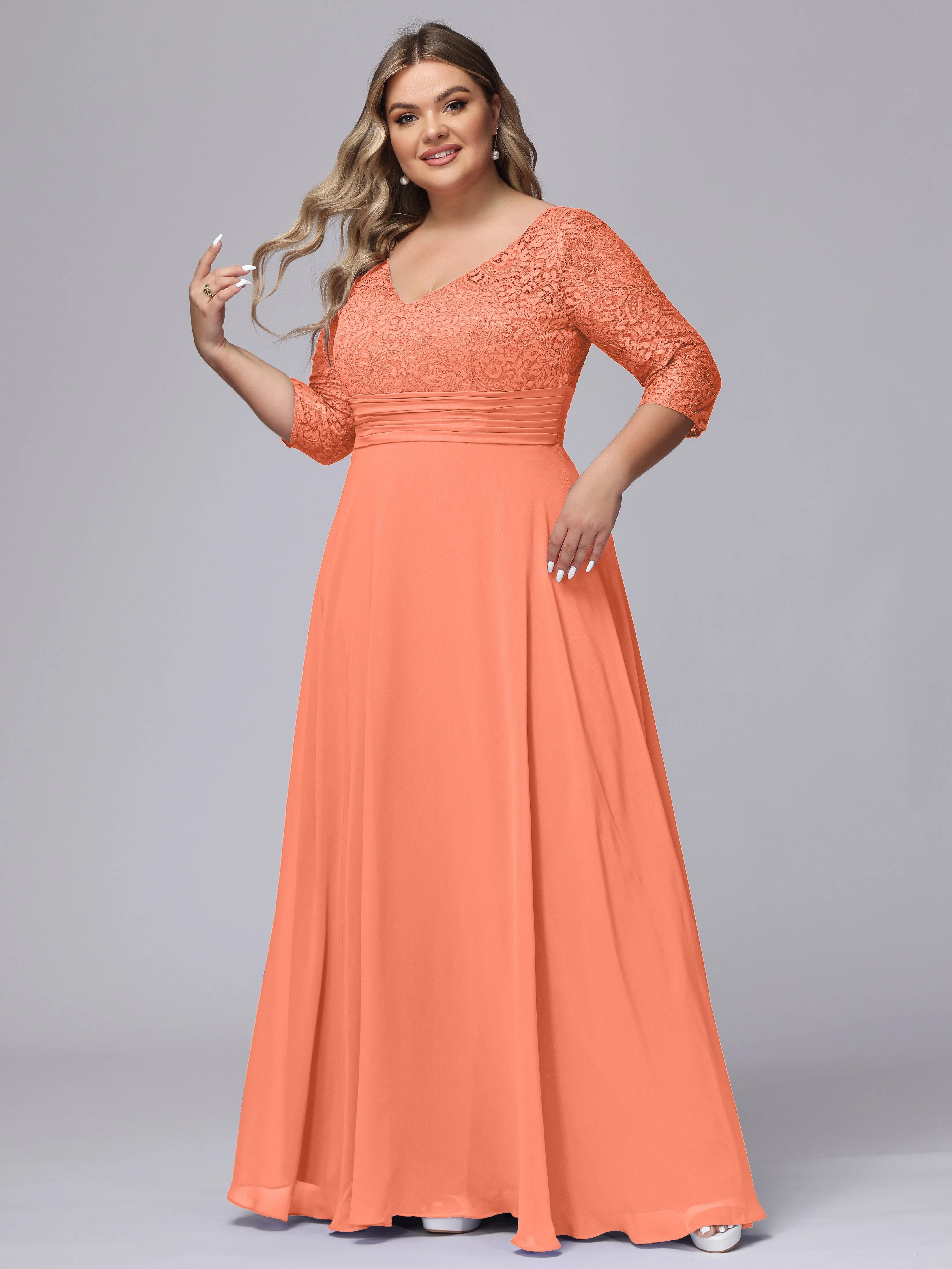 A-line V-Neck 3/4 Sleeves Lace Chiffon Plus Size Bridesmaid Dresses