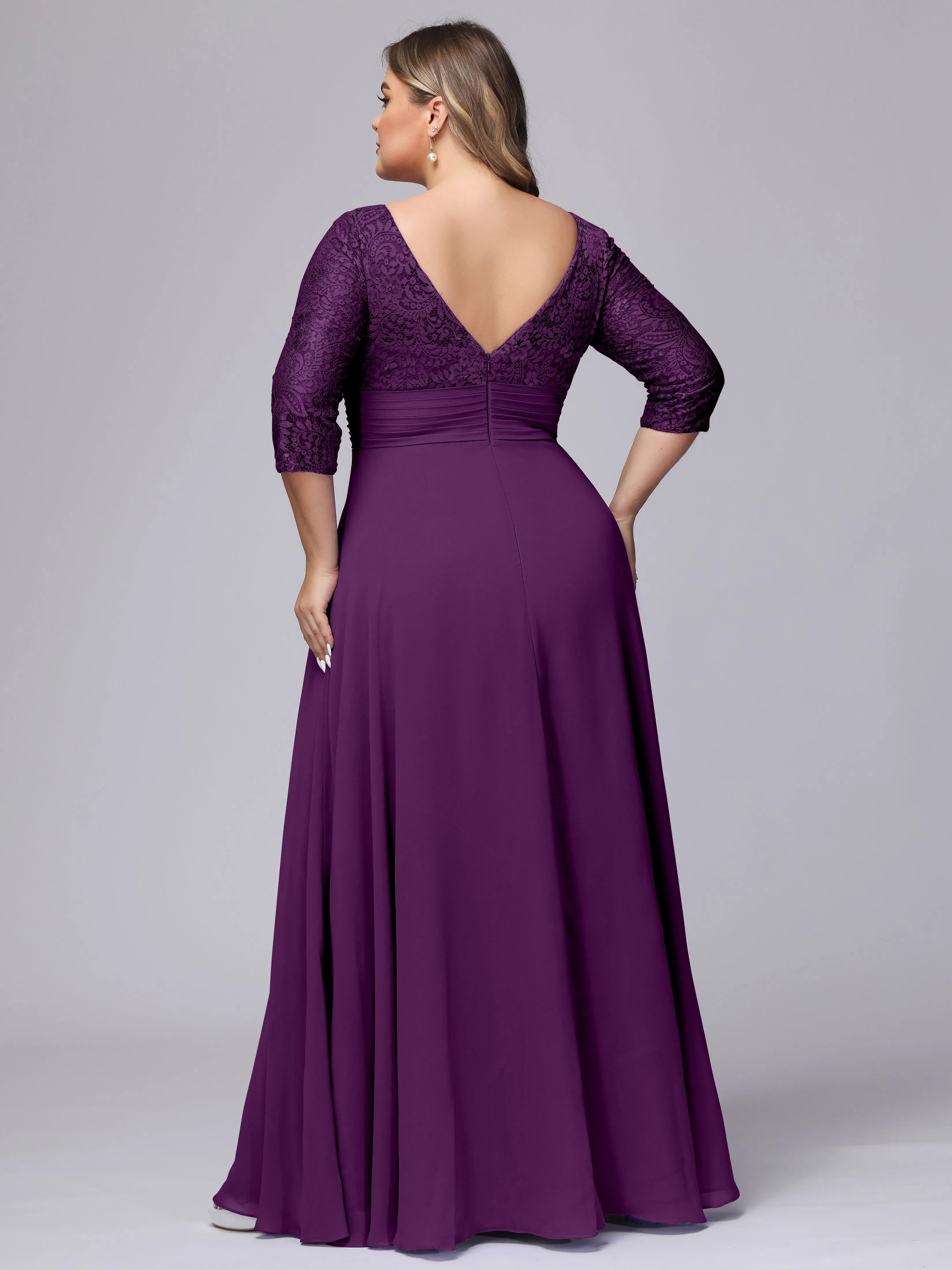 A-line V-Neck 3/4 Sleeves Lace Chiffon Plus Size Bridesmaid Dresses