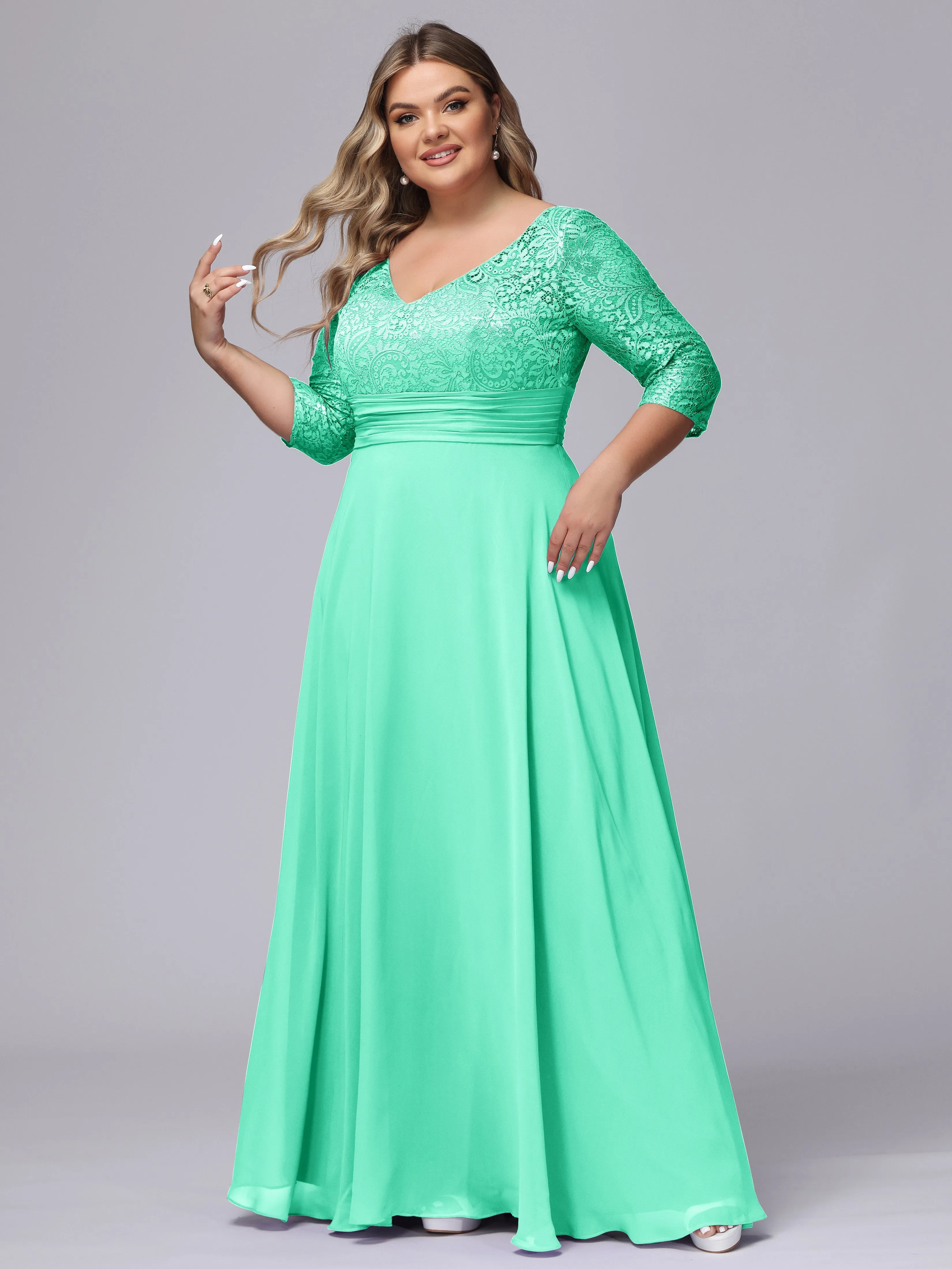 A-line V-Neck 3/4 Sleeves Lace Chiffon Plus Size Bridesmaid Dresses