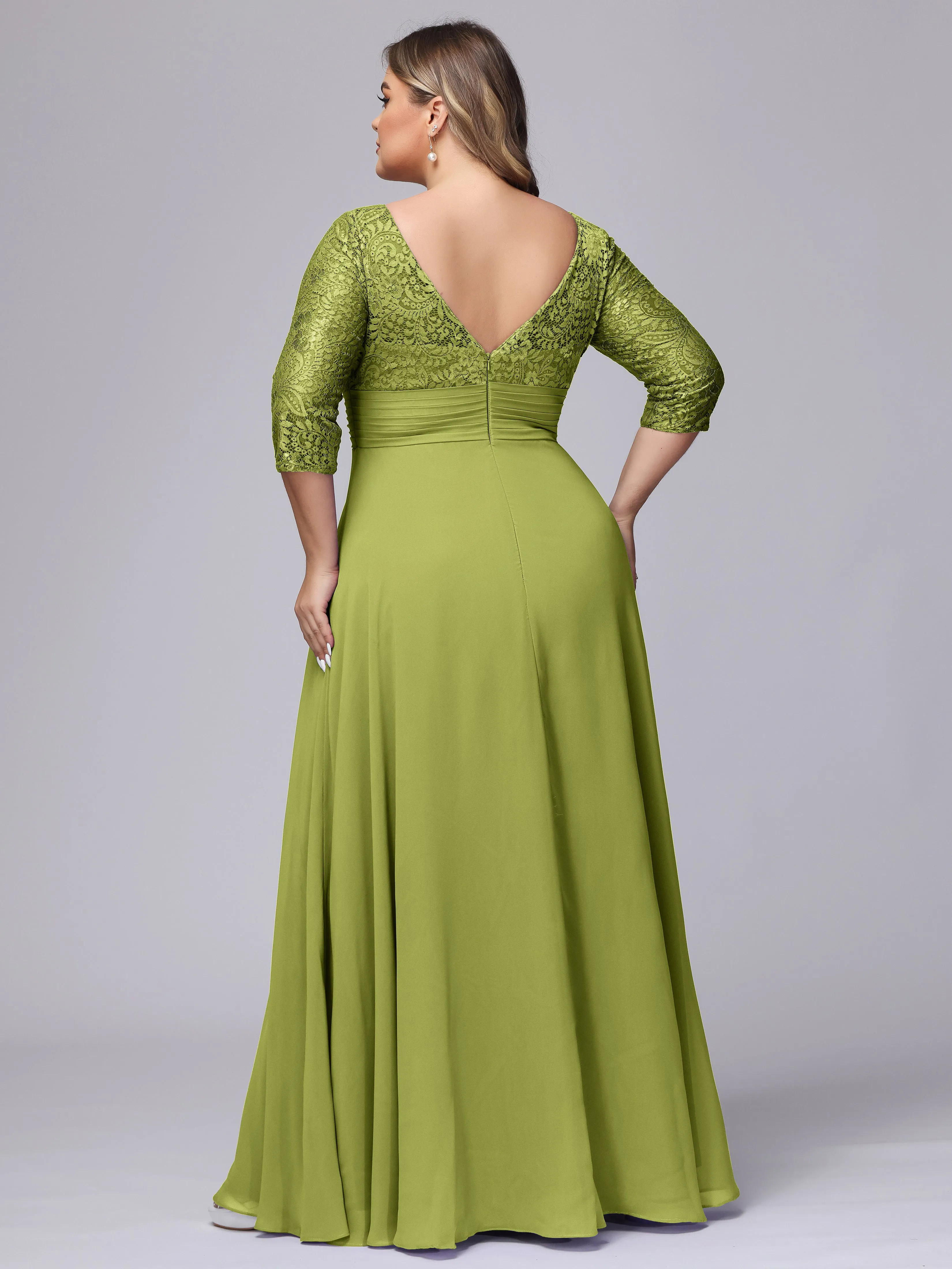 A-line V-Neck 3/4 Sleeves Lace Chiffon Plus Size Bridesmaid Dresses