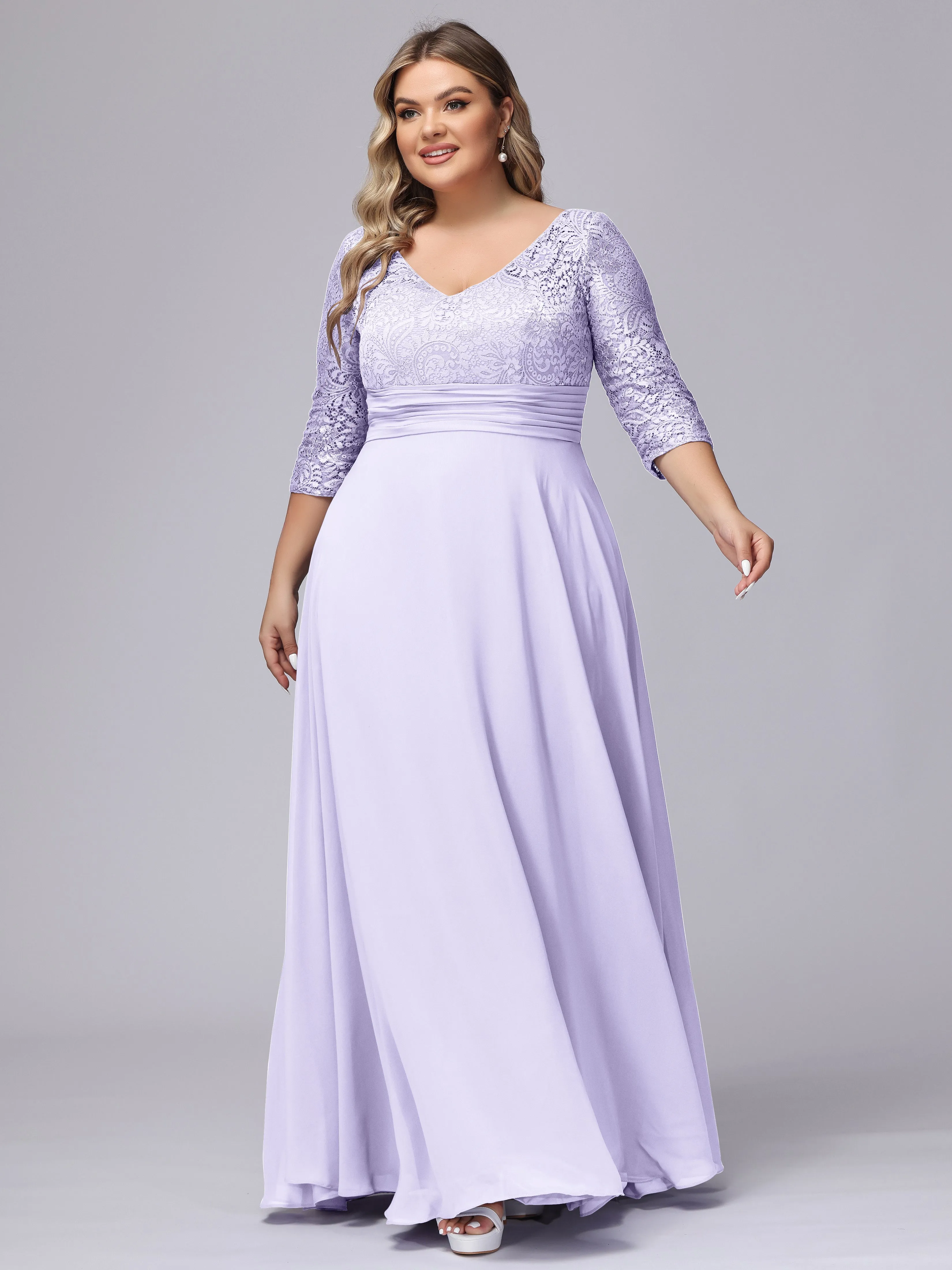 A-line V-Neck 3/4 Sleeves Lace Chiffon Plus Size Bridesmaid Dresses