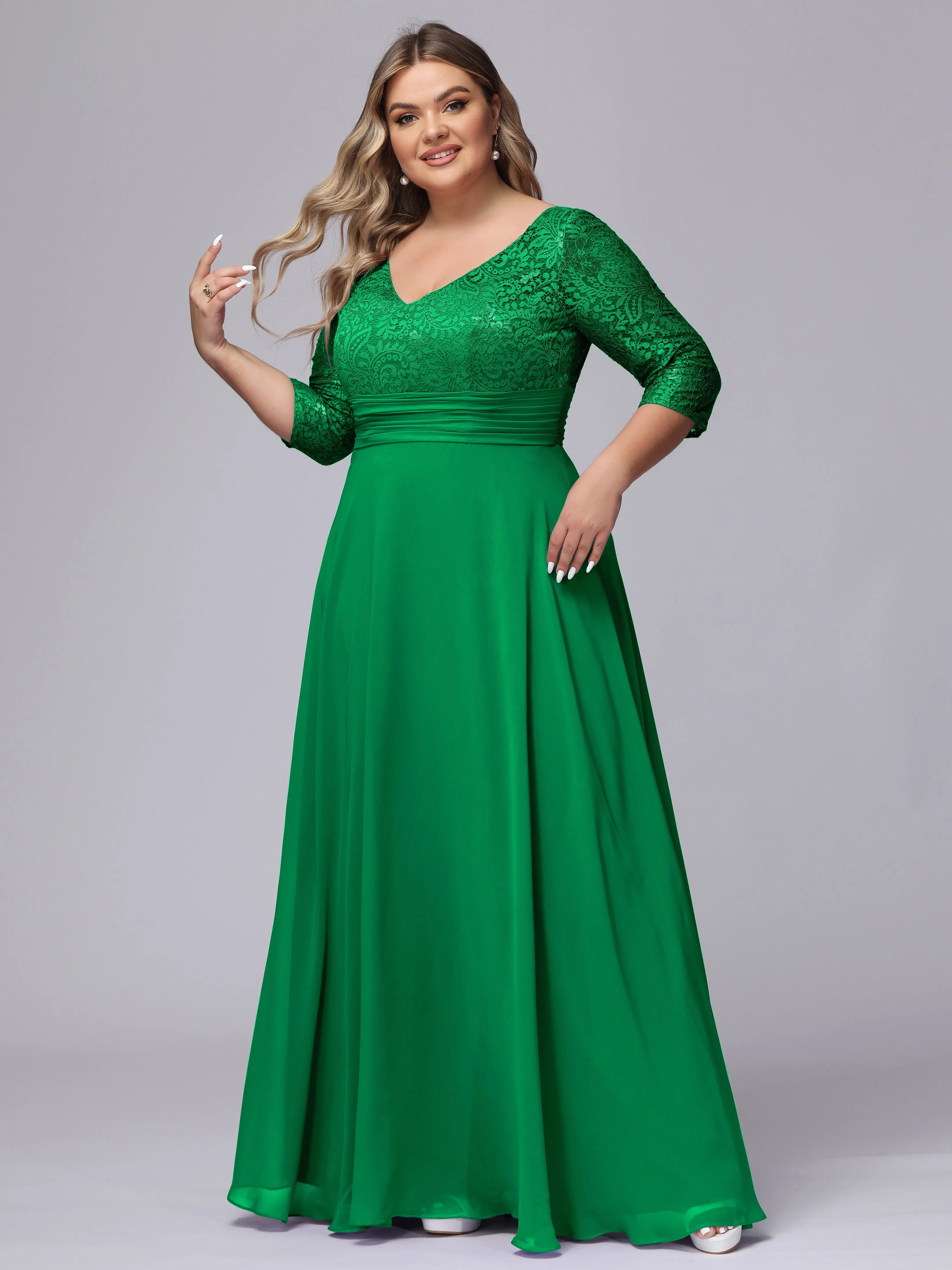 A-line V-Neck 3/4 Sleeves Lace Chiffon Plus Size Bridesmaid Dresses