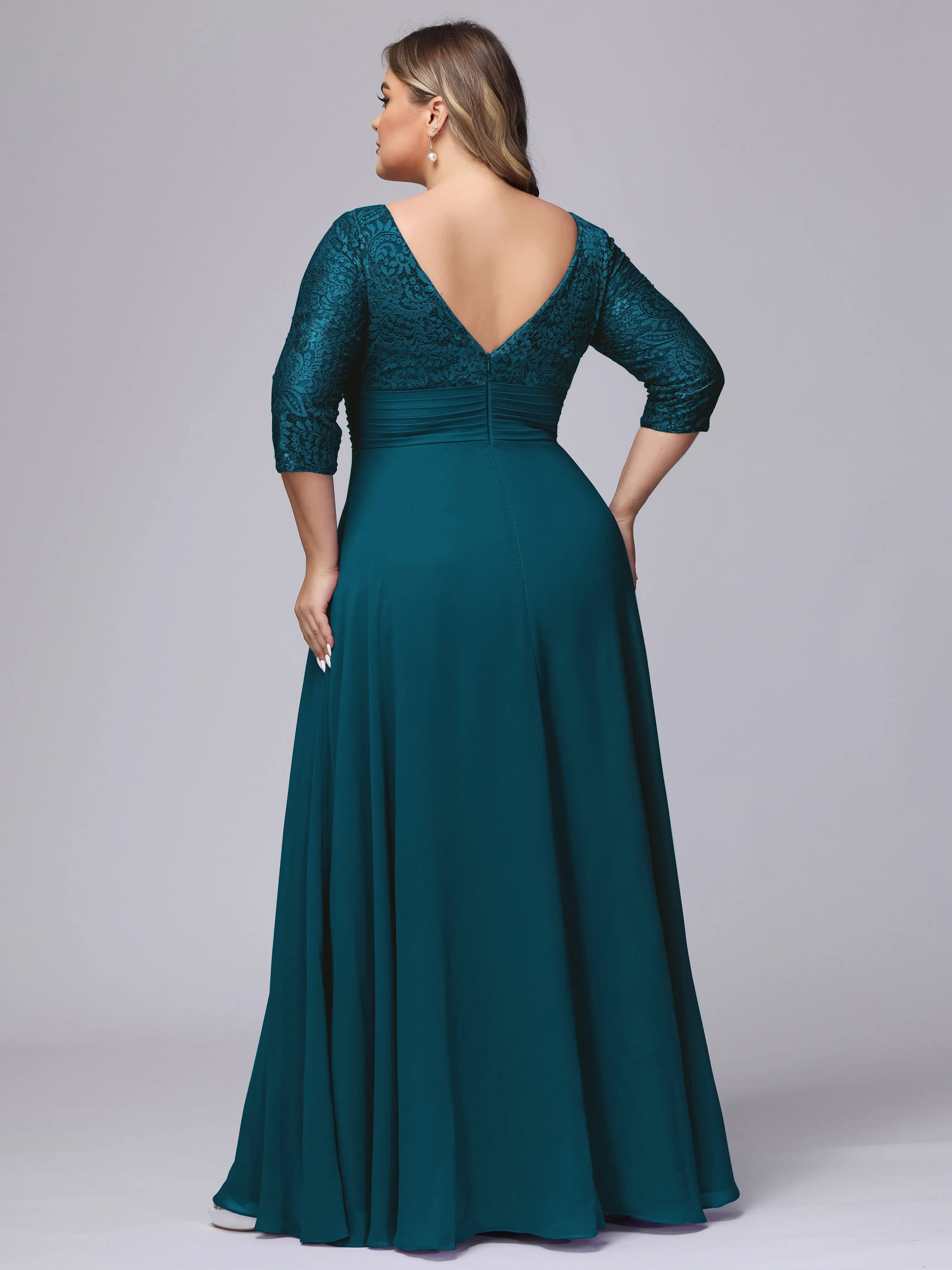 A-line V-Neck 3/4 Sleeves Lace Chiffon Plus Size Bridesmaid Dresses