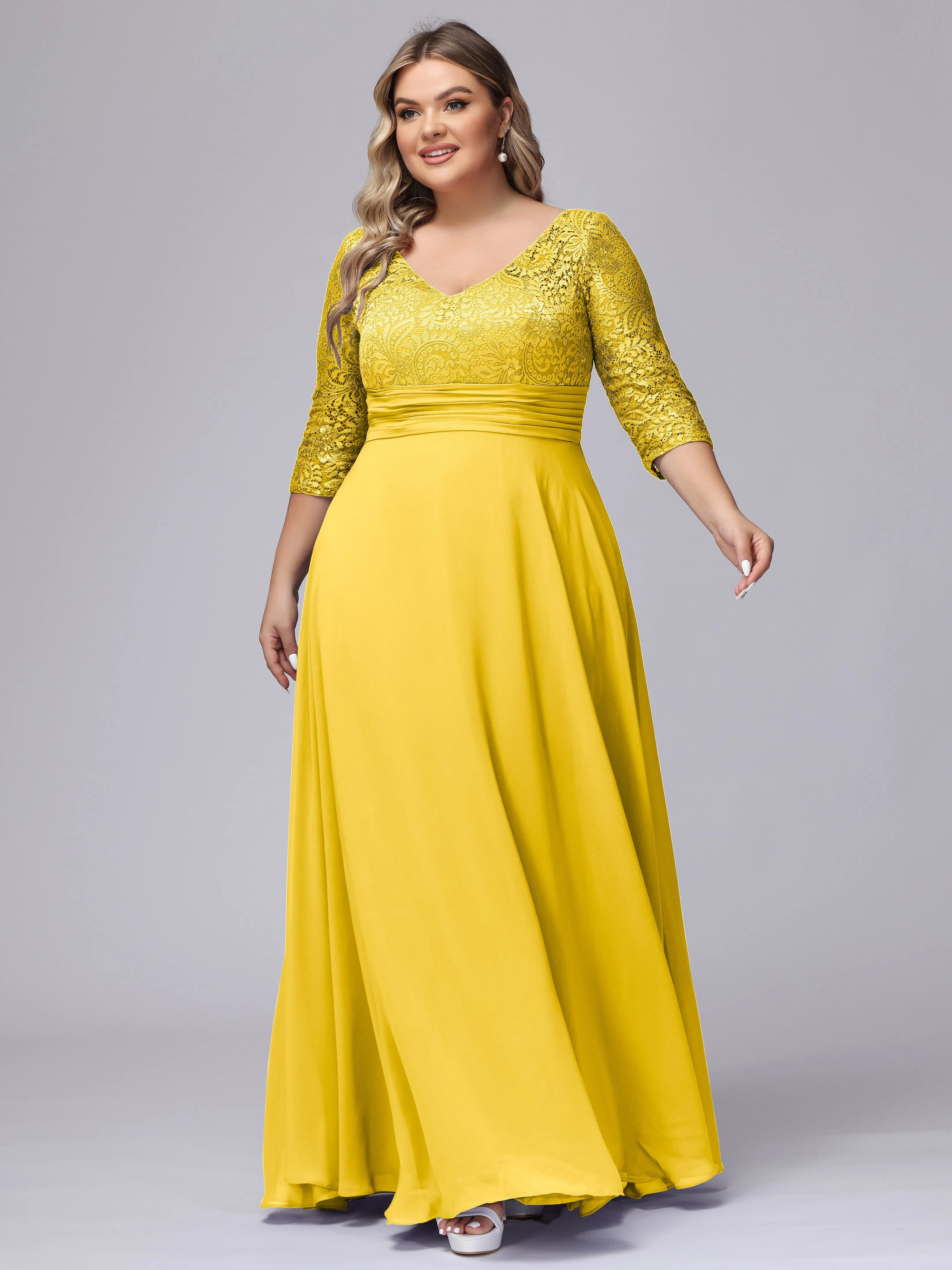 A-line V-Neck 3/4 Sleeves Lace Chiffon Plus Size Bridesmaid Dresses