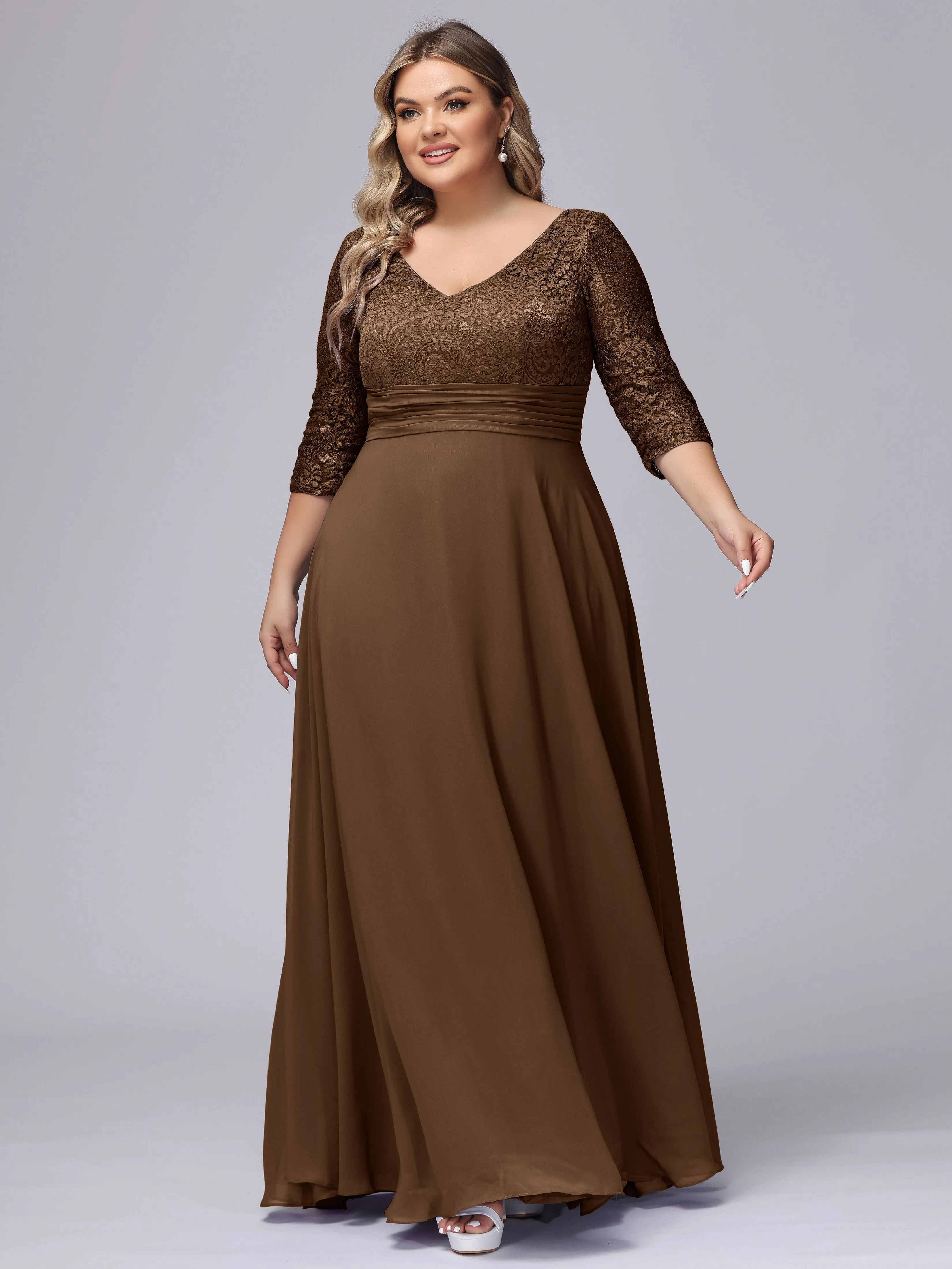 A-line V-Neck 3/4 Sleeves Lace Chiffon Plus Size Bridesmaid Dresses