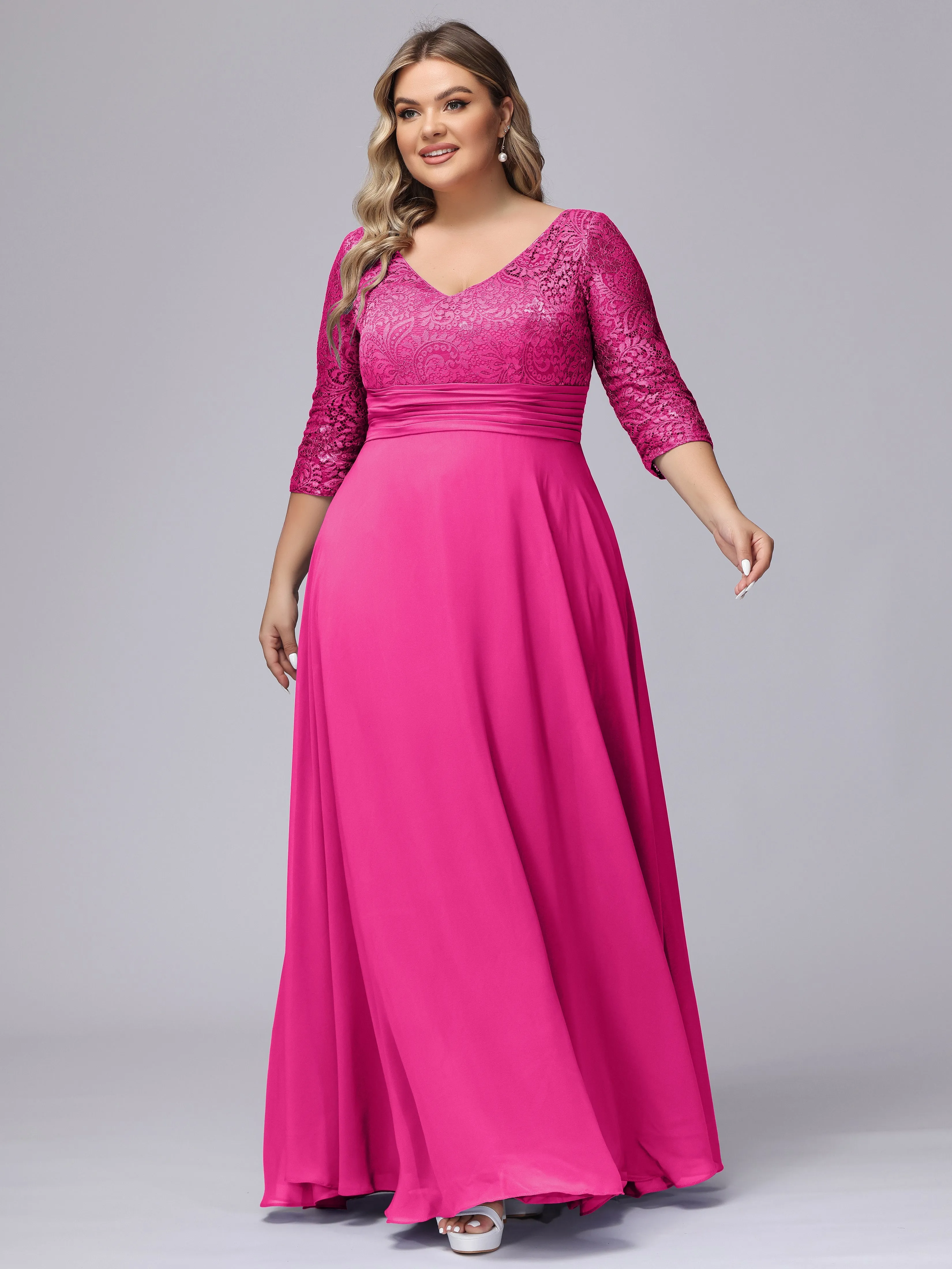 A-line V-Neck 3/4 Sleeves Lace Chiffon Plus Size Bridesmaid Dresses