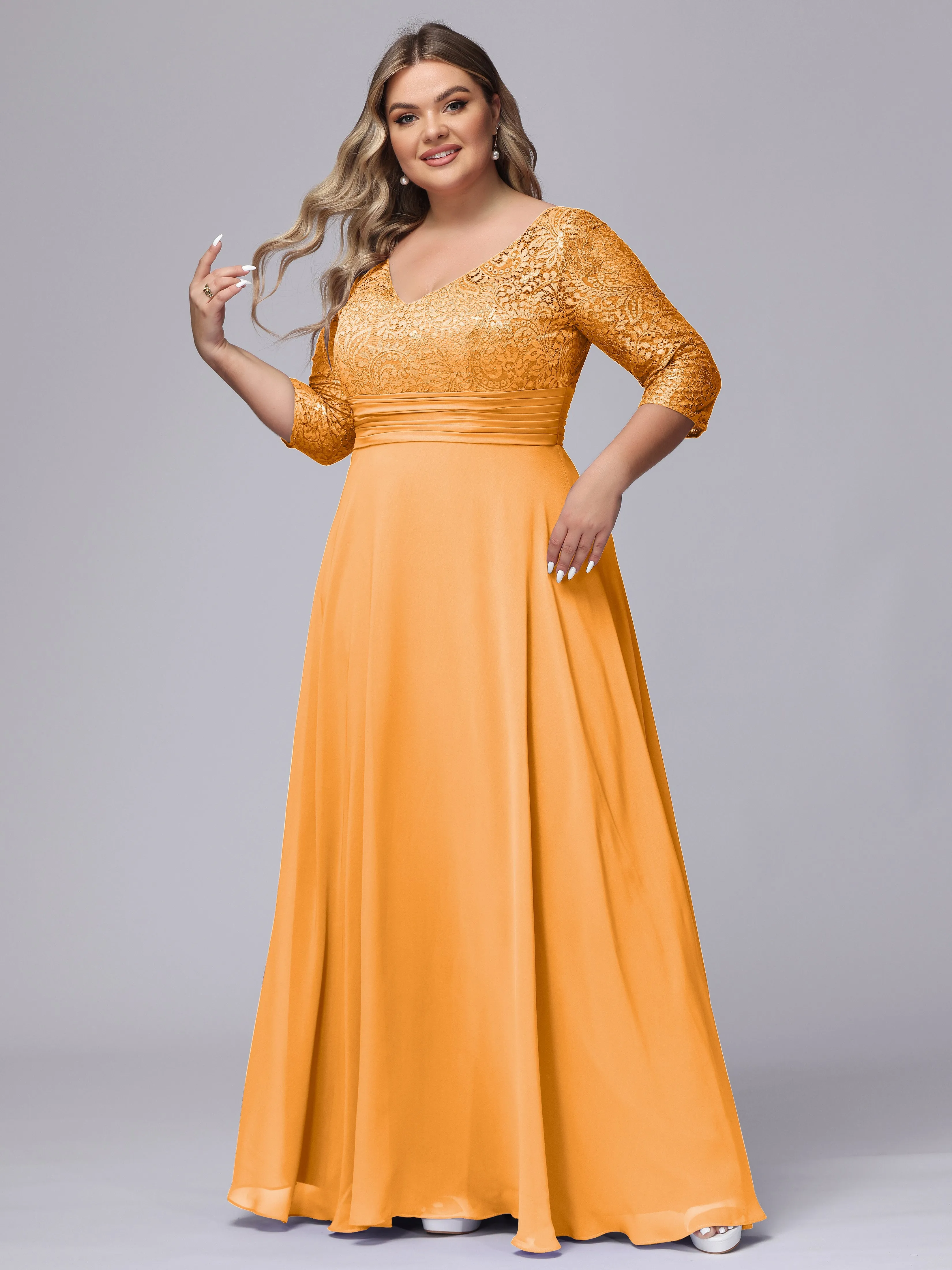 A-line V-Neck 3/4 Sleeves Lace Chiffon Plus Size Bridesmaid Dresses