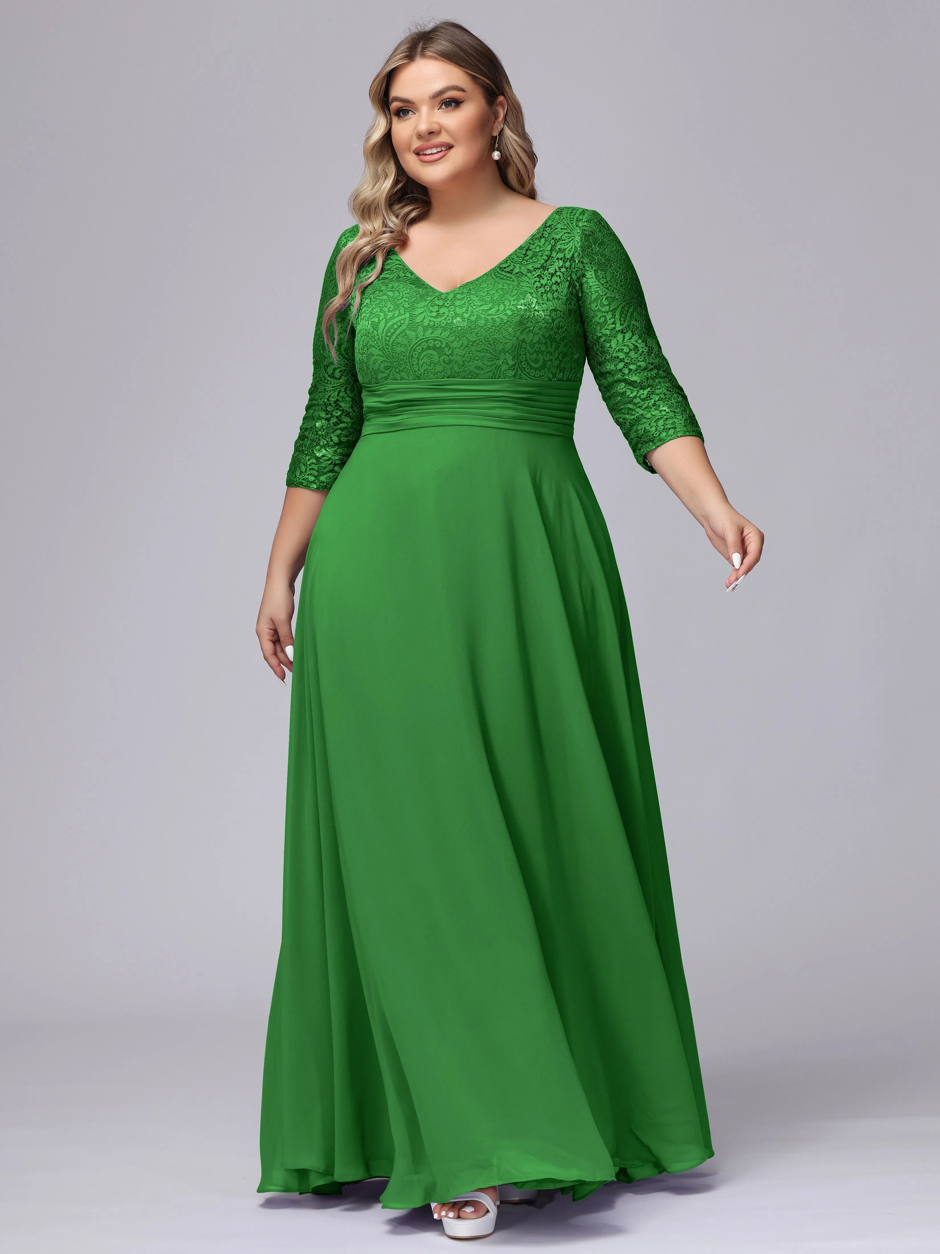 A-line V-Neck 3/4 Sleeves Lace Chiffon Plus Size Bridesmaid Dresses