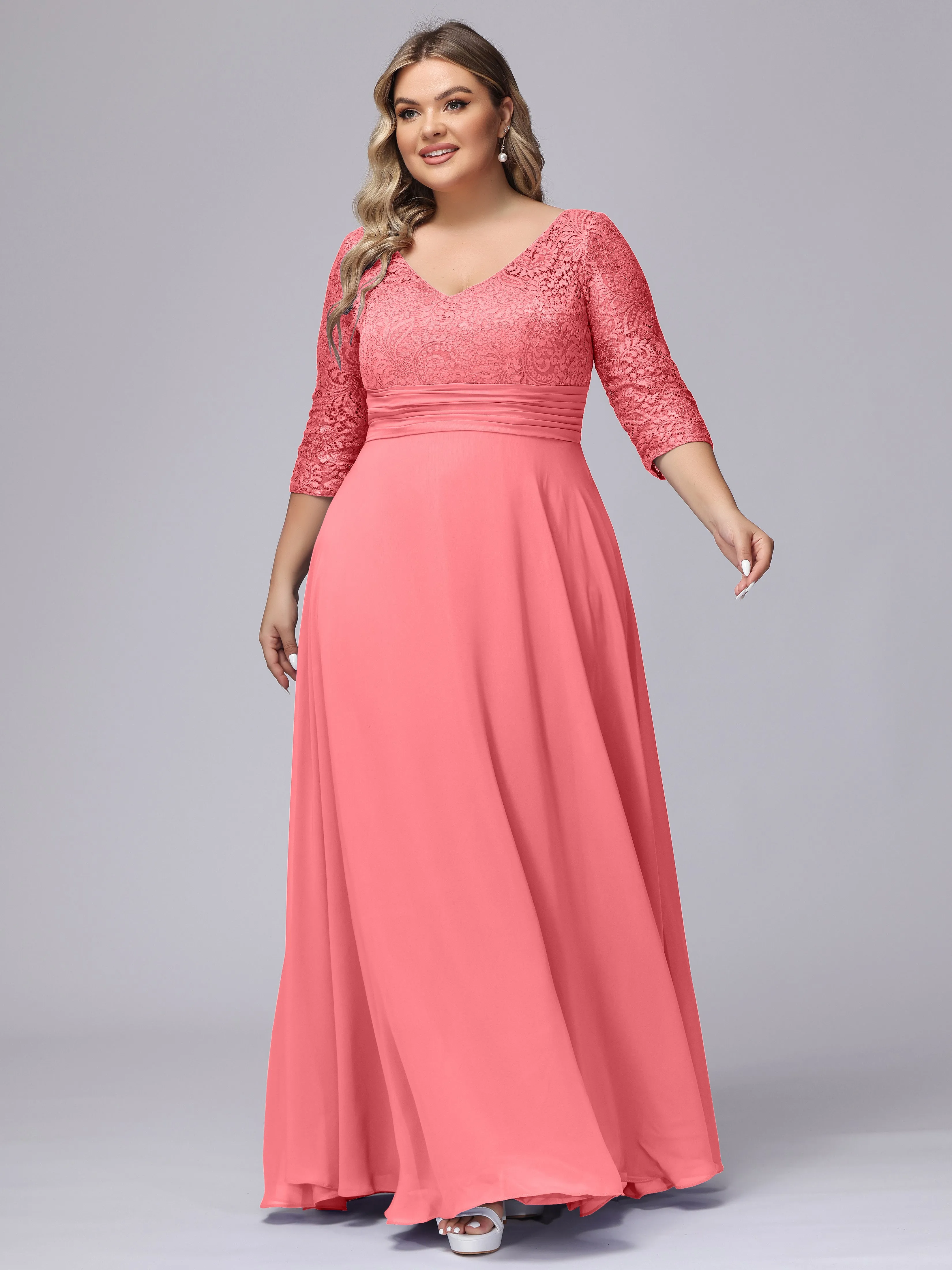 A-line V-Neck 3/4 Sleeves Lace Chiffon Plus Size Bridesmaid Dresses