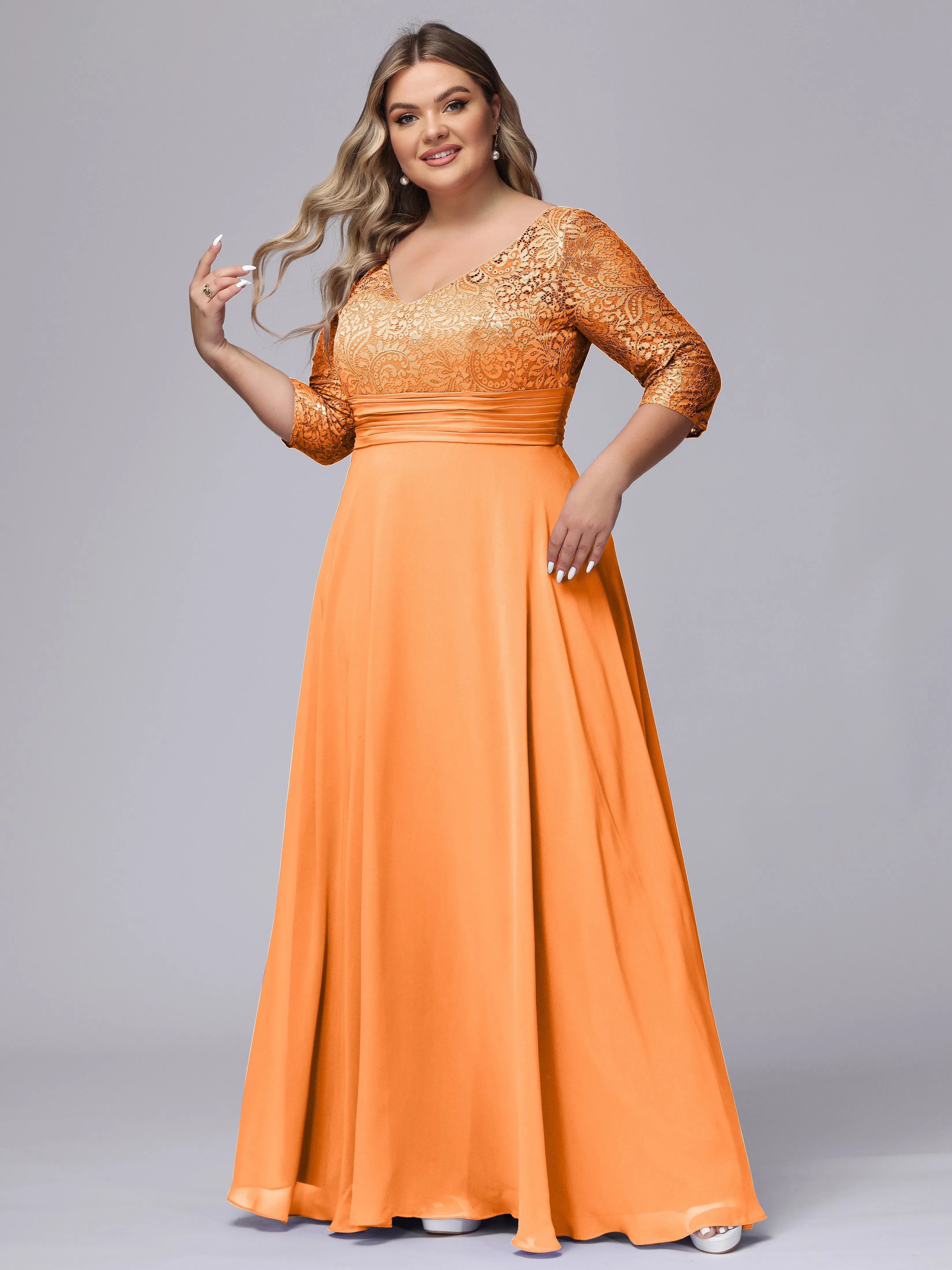 A-line V-Neck 3/4 Sleeves Lace Chiffon Plus Size Bridesmaid Dresses