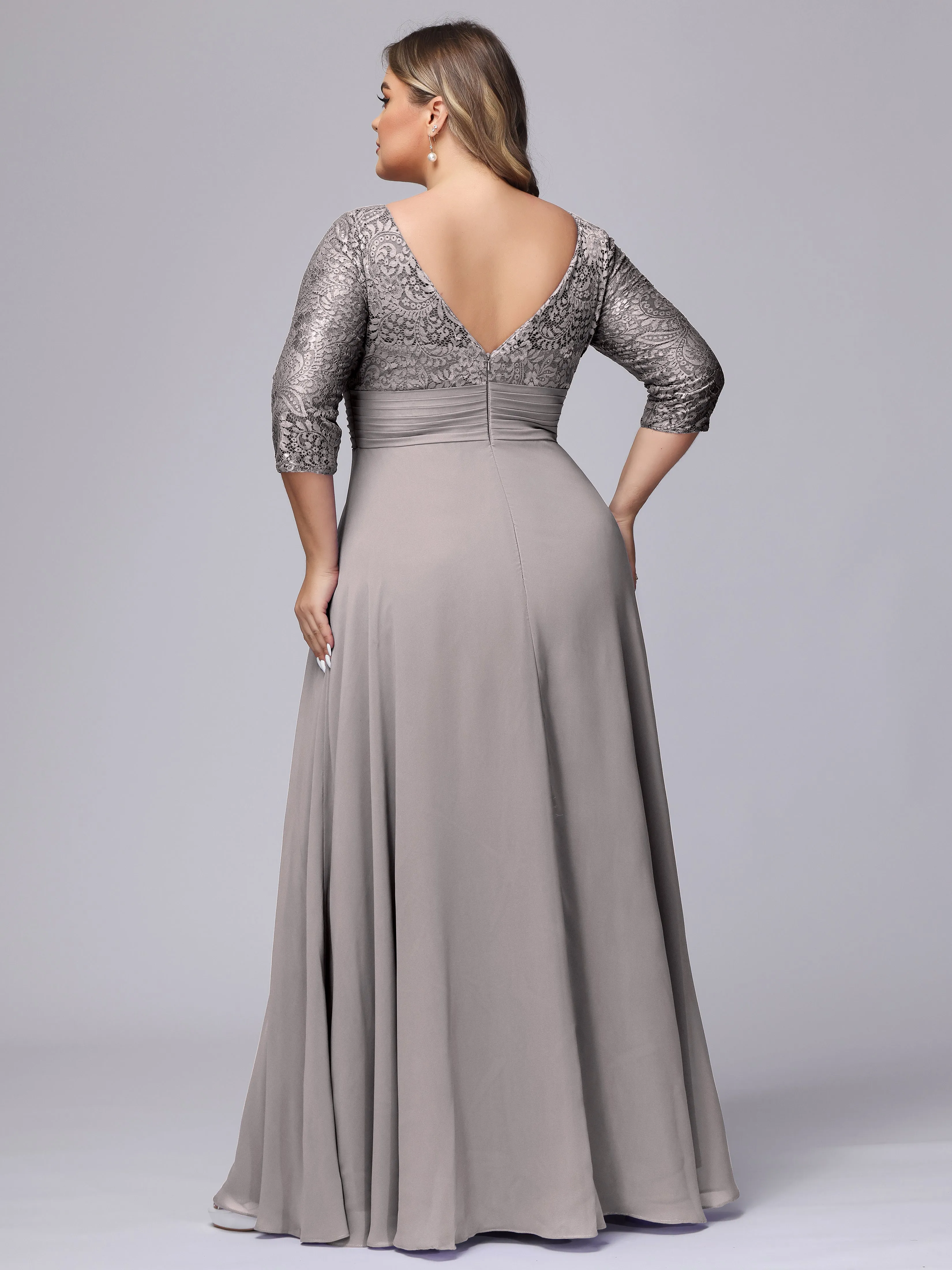A-line V-Neck 3/4 Sleeves Lace Chiffon Plus Size Bridesmaid Dresses
