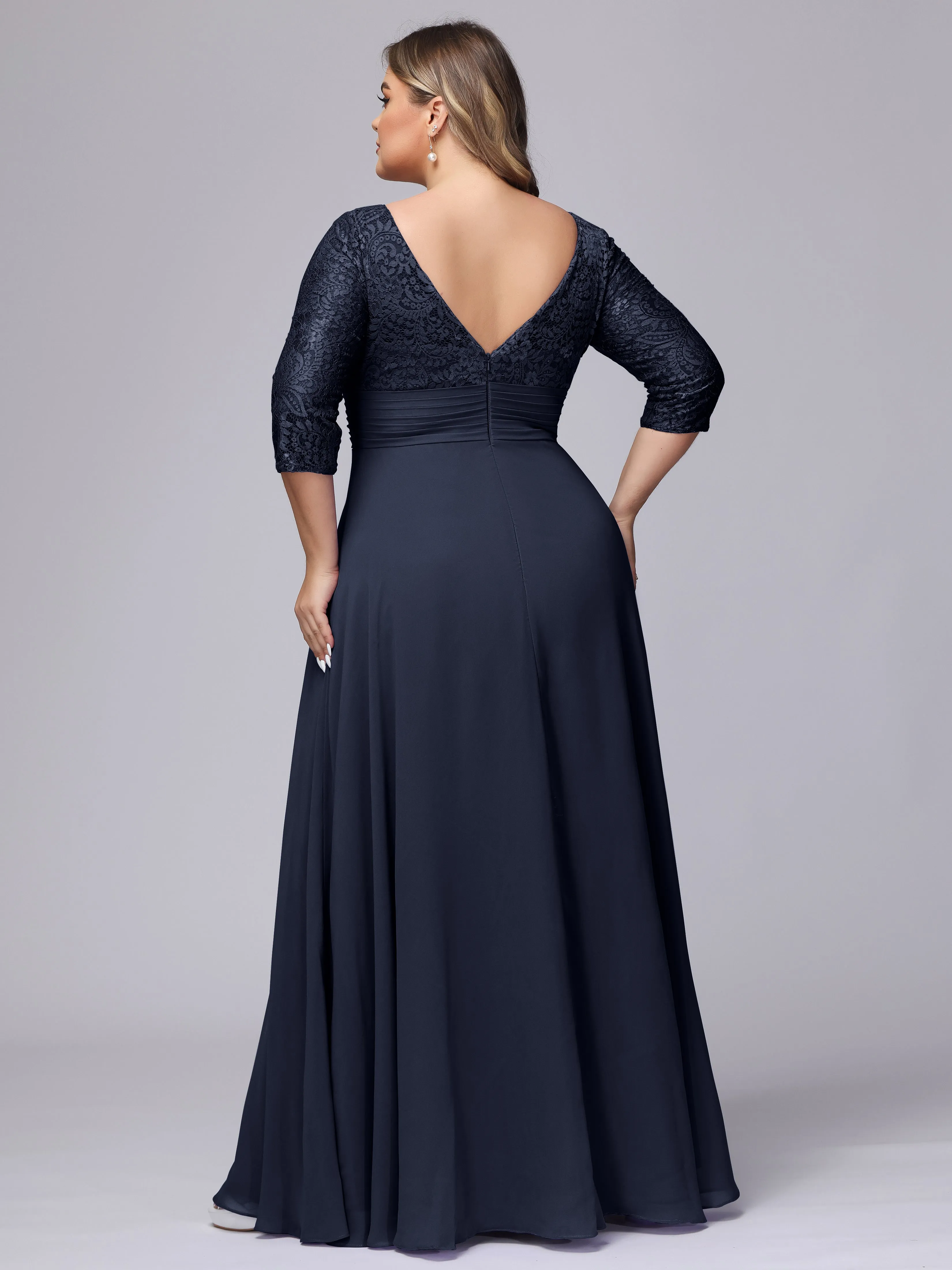 A-line V-Neck 3/4 Sleeves Lace Chiffon Plus Size Bridesmaid Dresses