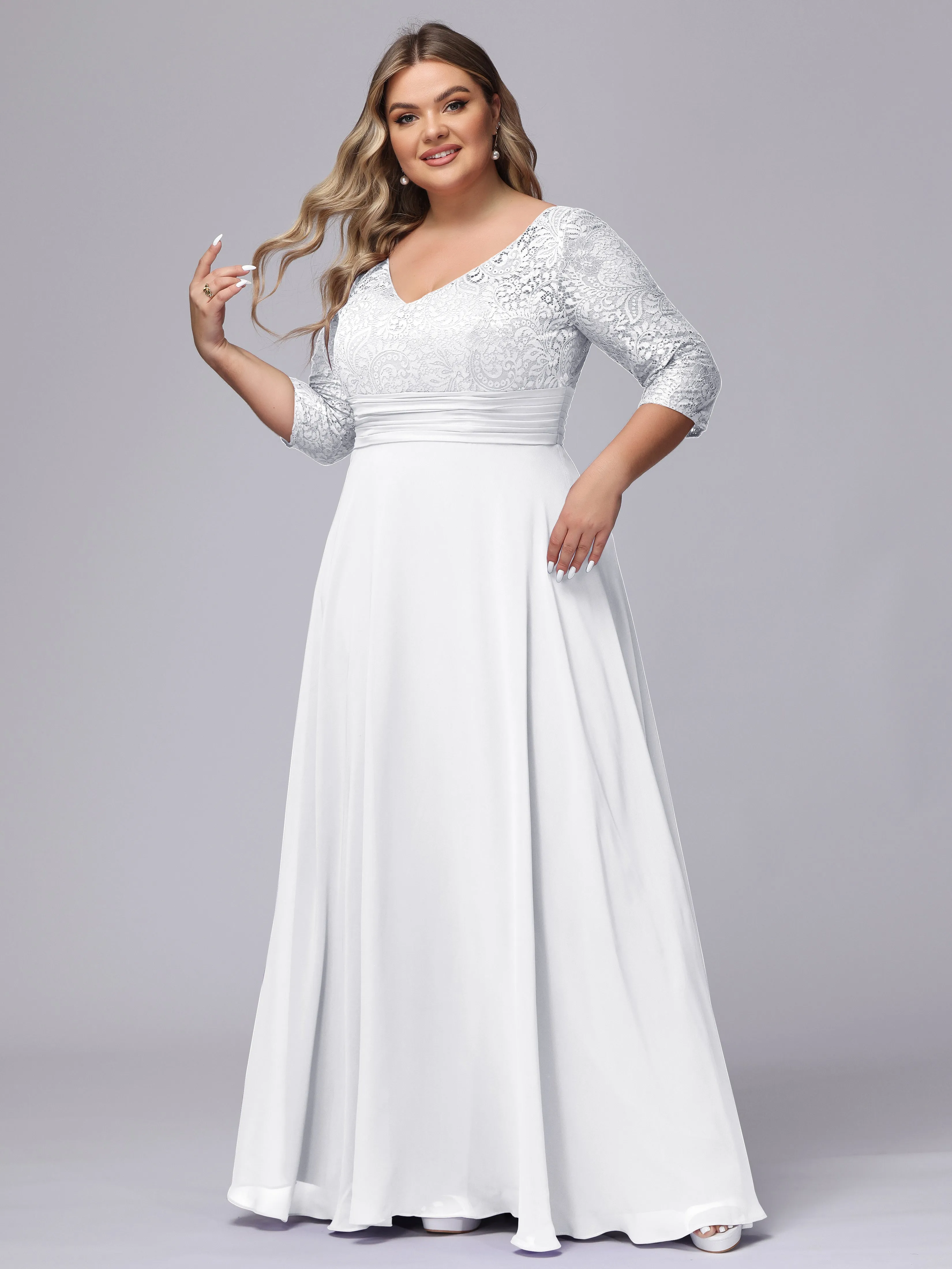 A-line V-Neck 3/4 Sleeves Lace Chiffon Plus Size Bridesmaid Dresses