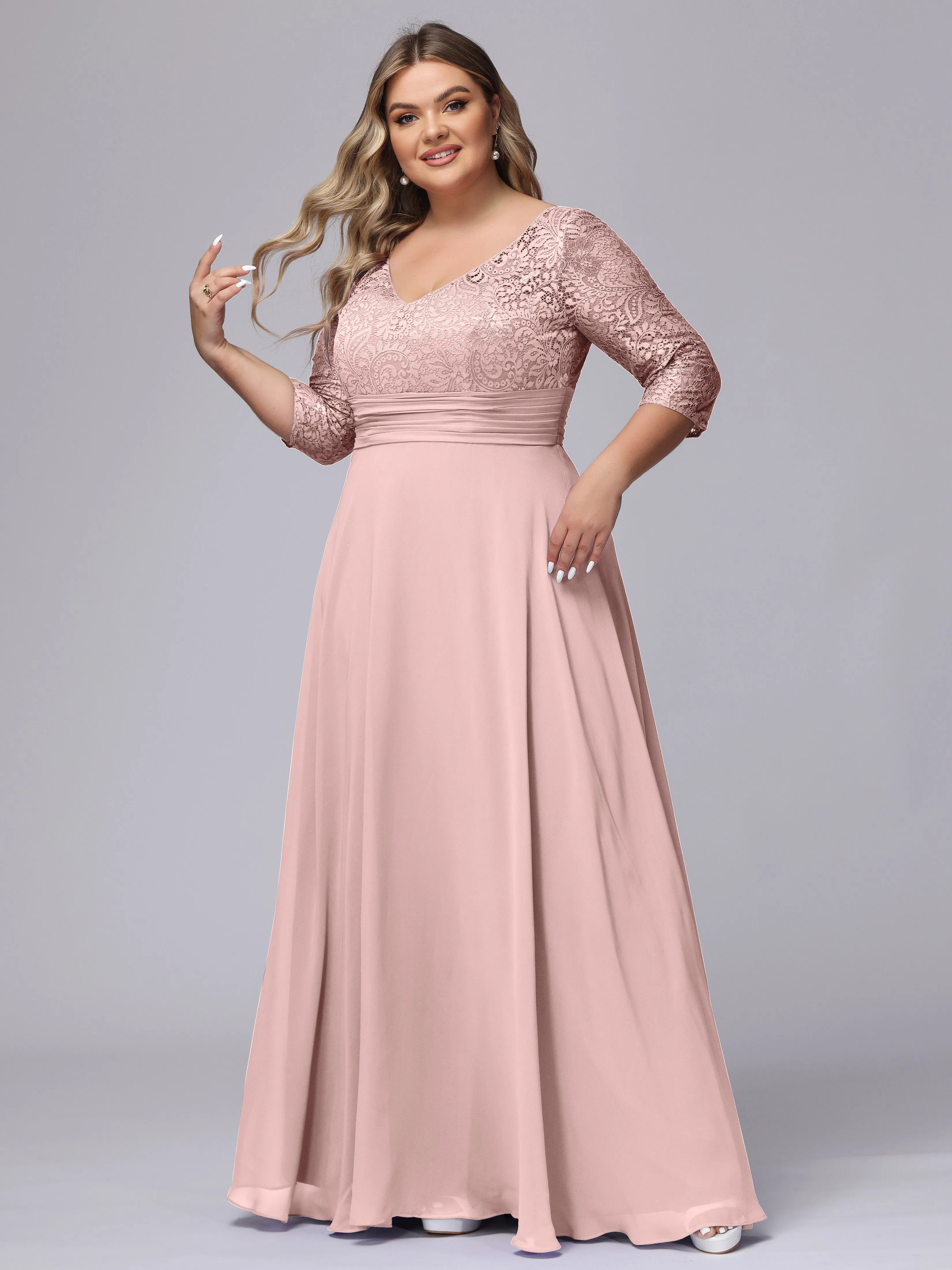 A-line V-Neck 3/4 Sleeves Lace Chiffon Plus Size Bridesmaid Dresses