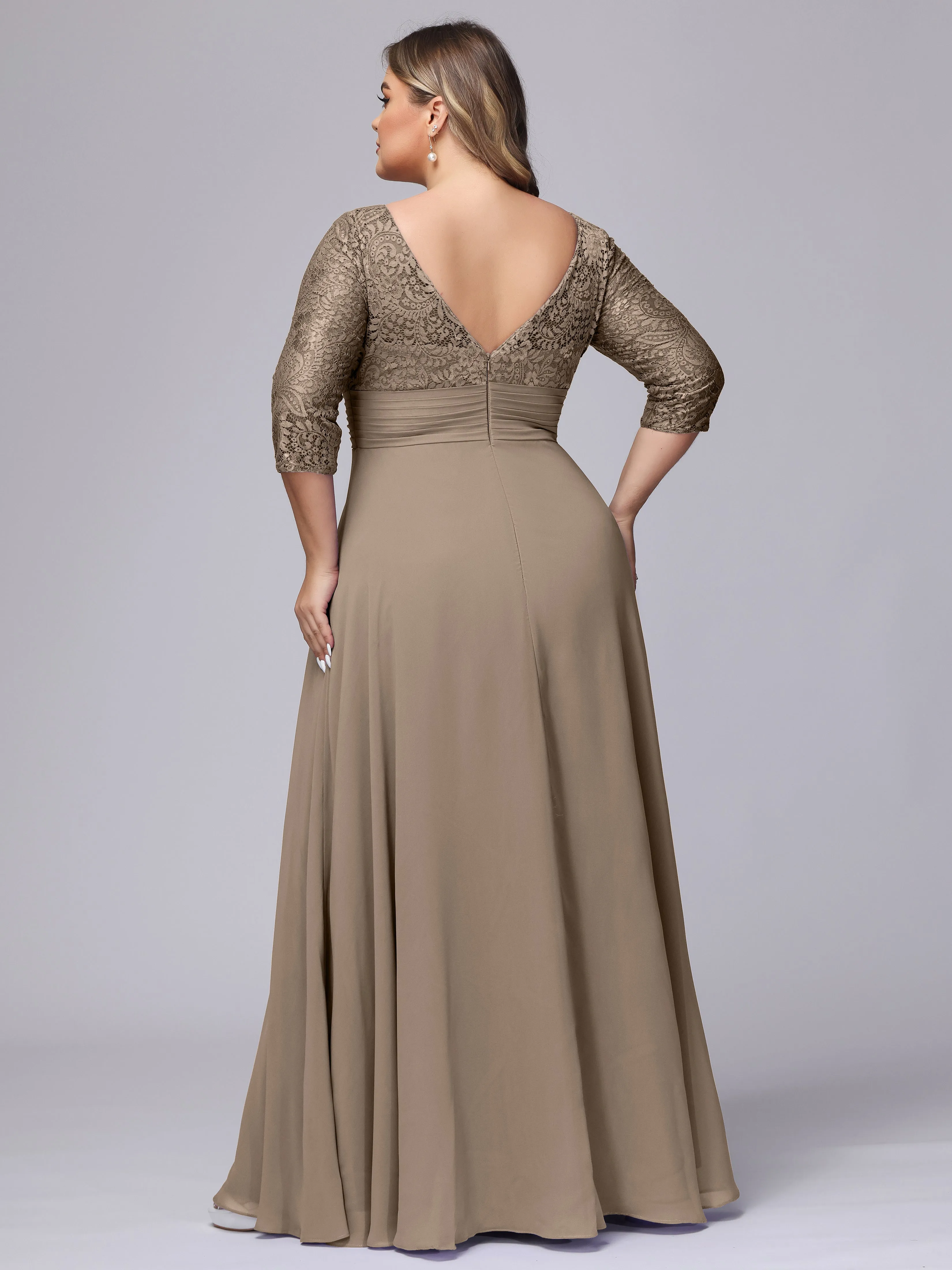 A-line V-Neck 3/4 Sleeves Lace Chiffon Plus Size Bridesmaid Dresses