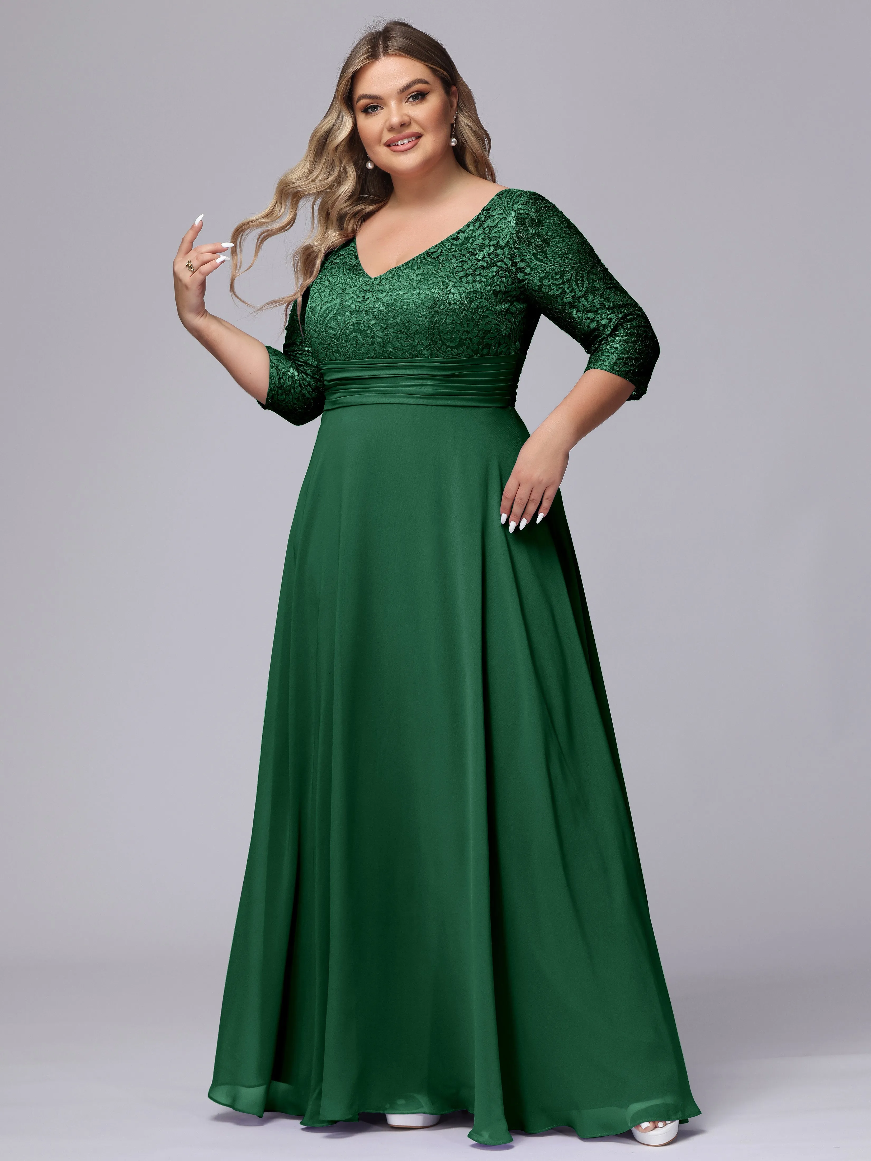 A-line V-Neck 3/4 Sleeves Lace Chiffon Plus Size Bridesmaid Dresses