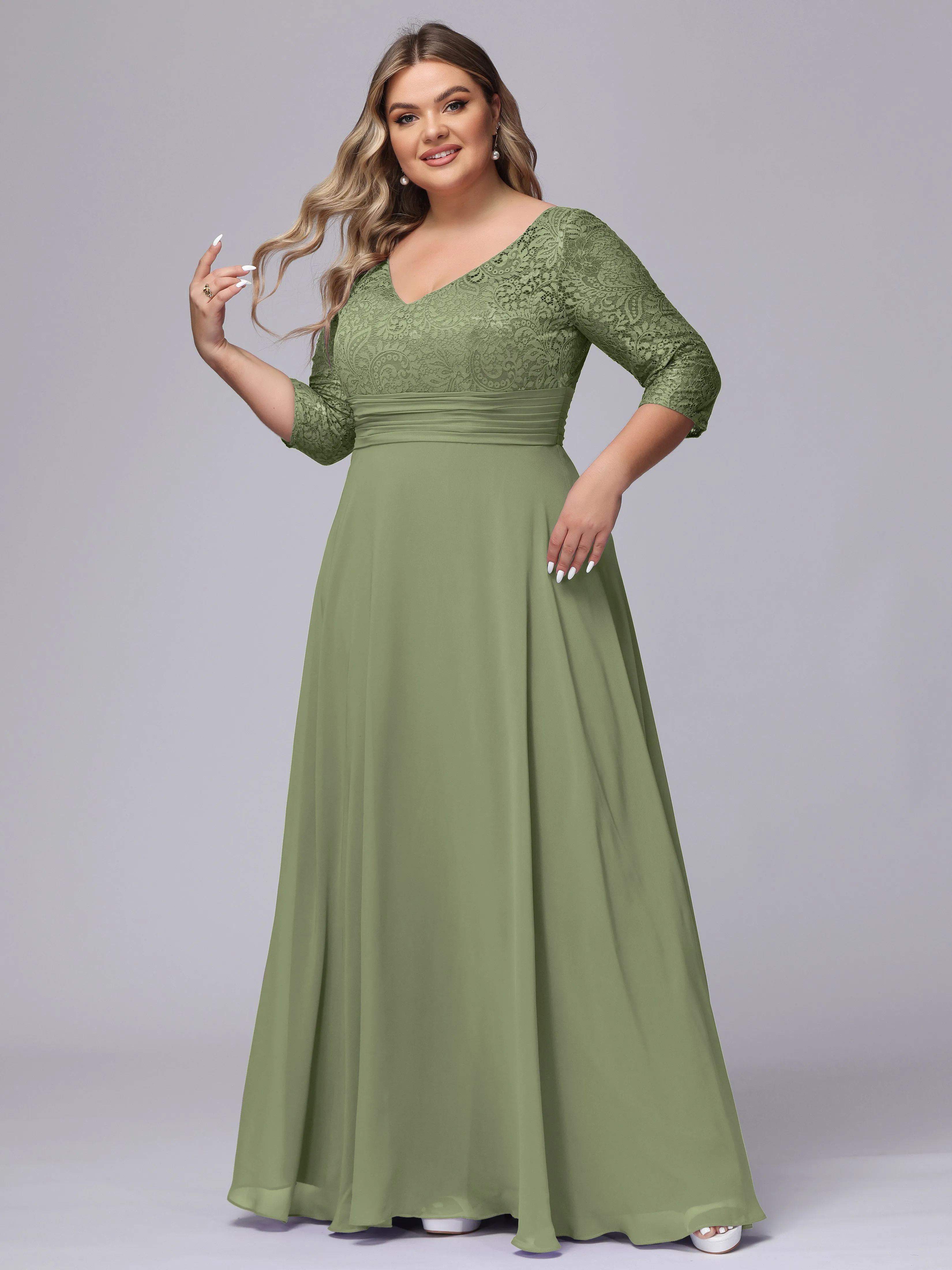 A-line V-Neck 3/4 Sleeves Lace Chiffon Plus Size Bridesmaid Dresses