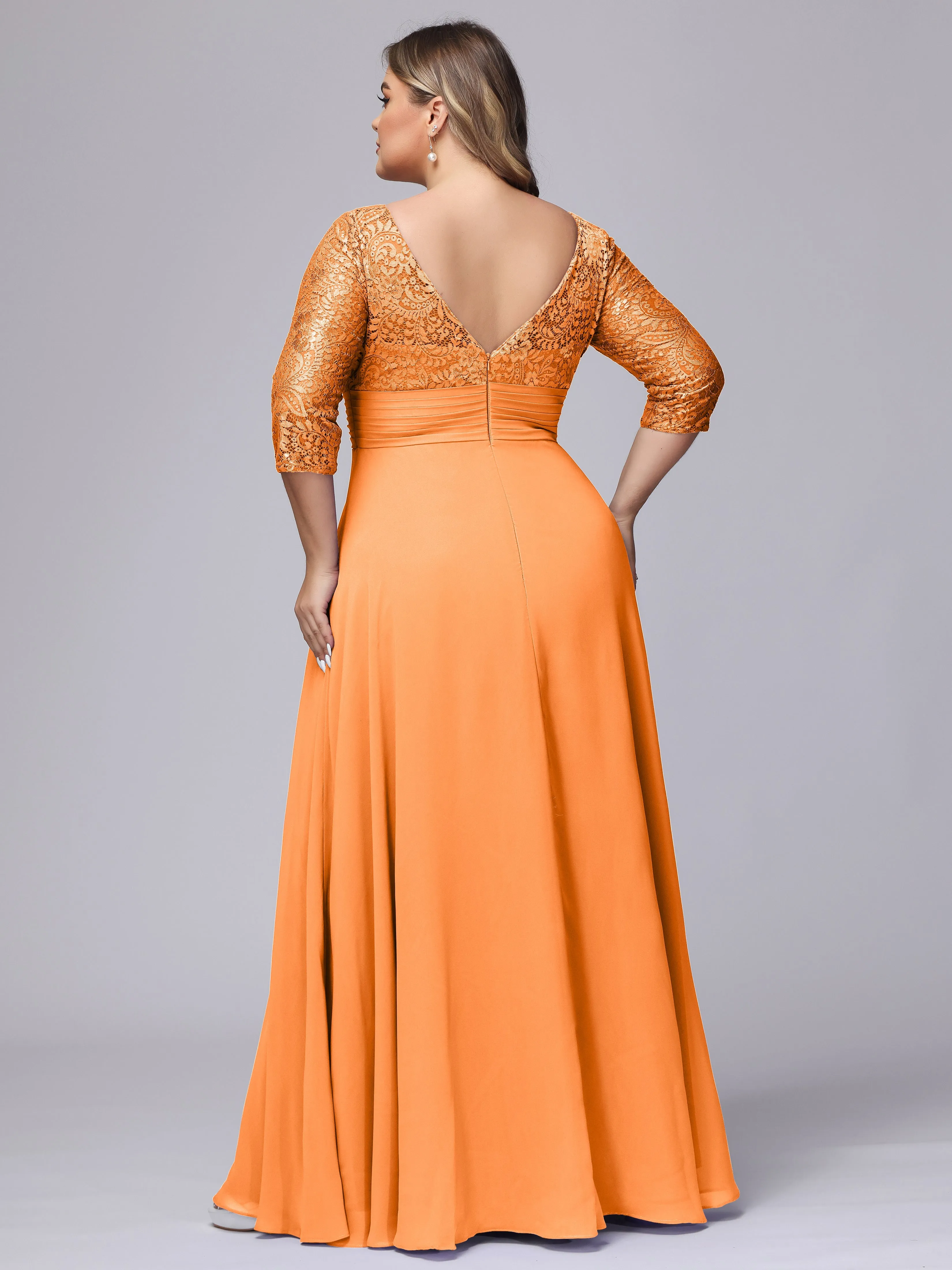 A-line V-Neck 3/4 Sleeves Lace Chiffon Plus Size Bridesmaid Dresses