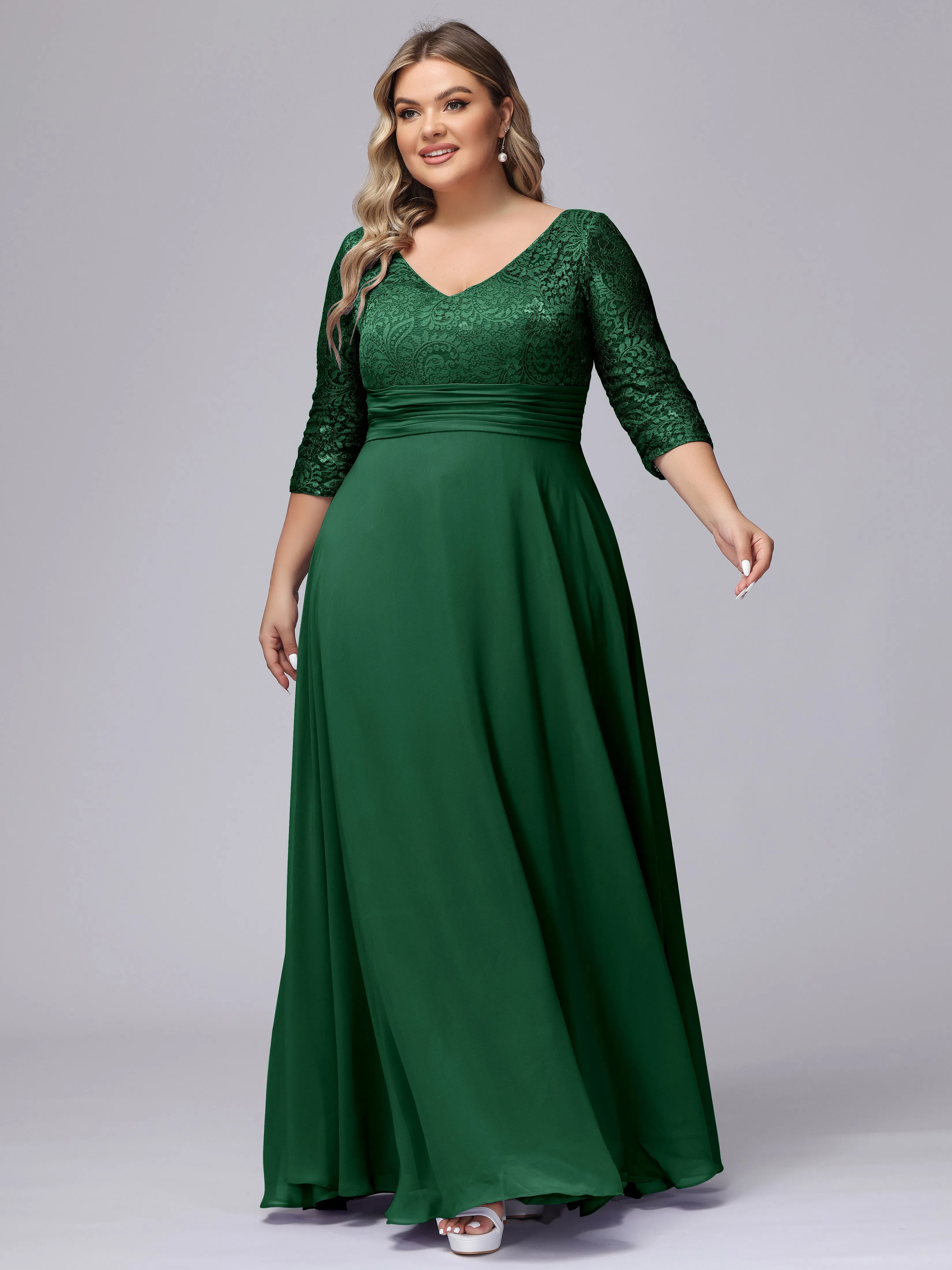 A-line V-Neck 3/4 Sleeves Lace Chiffon Plus Size Bridesmaid Dresses