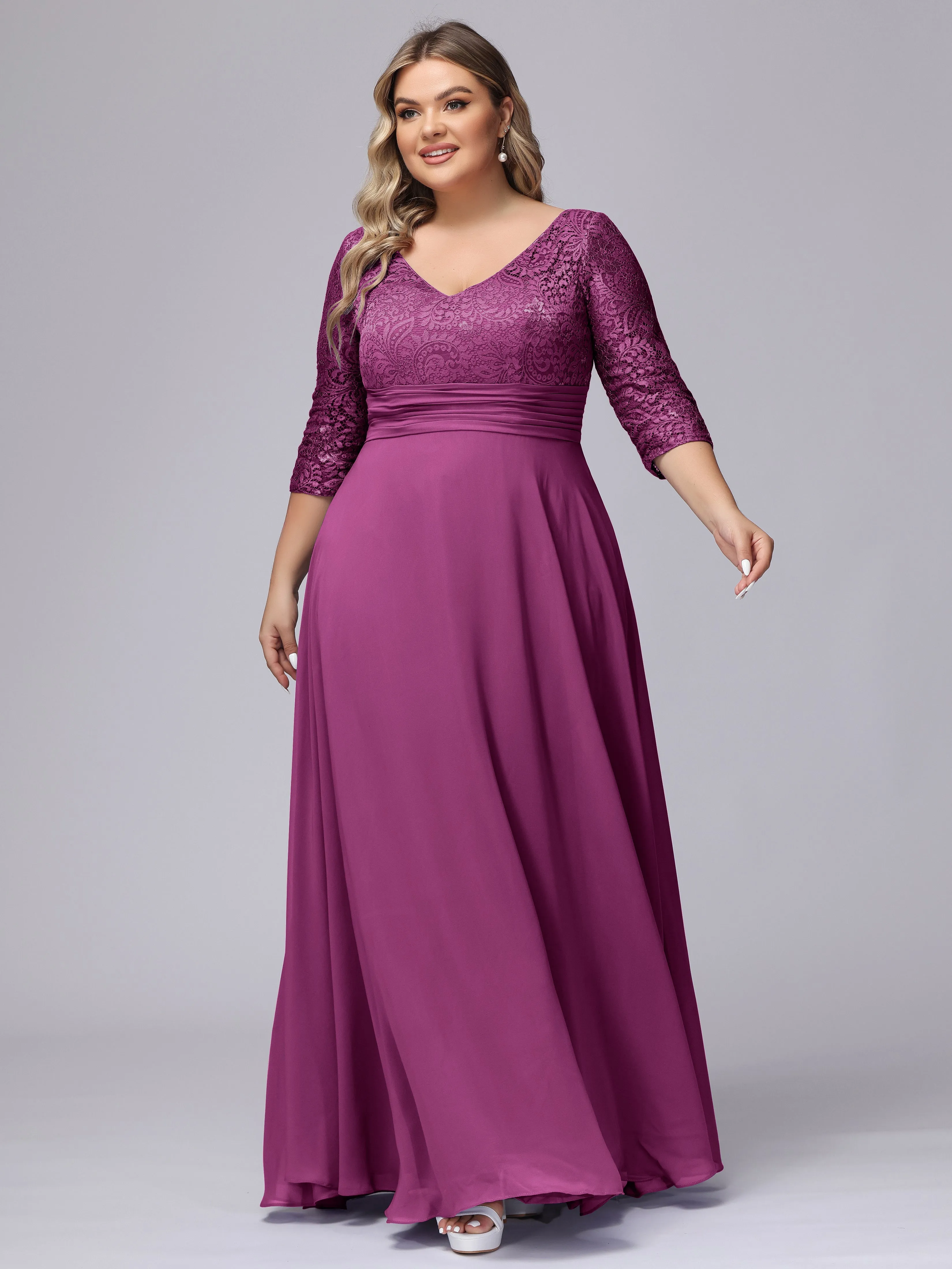 A-line V-Neck 3/4 Sleeves Lace Chiffon Plus Size Bridesmaid Dresses