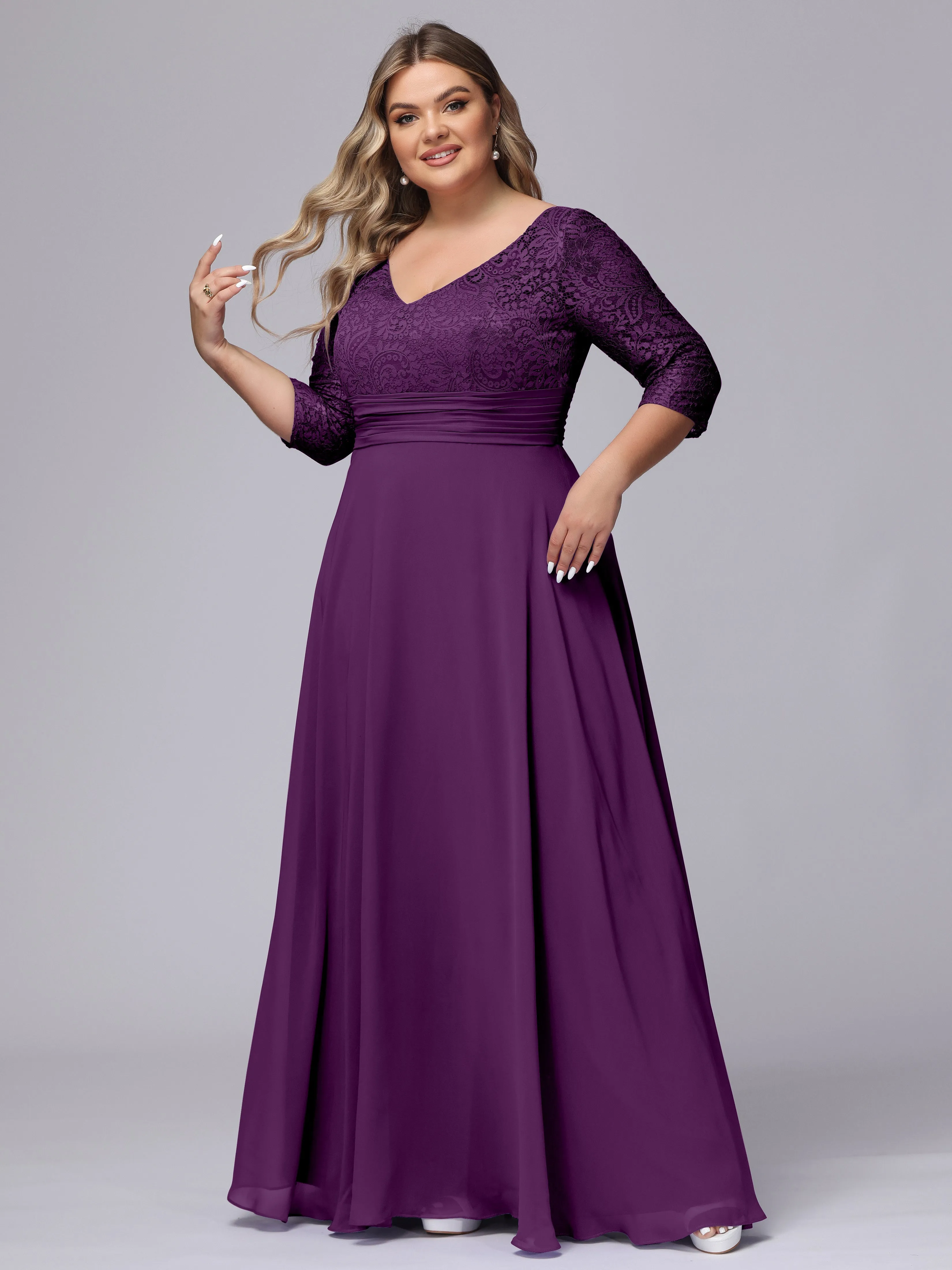 A-line V-Neck 3/4 Sleeves Lace Chiffon Plus Size Bridesmaid Dresses
