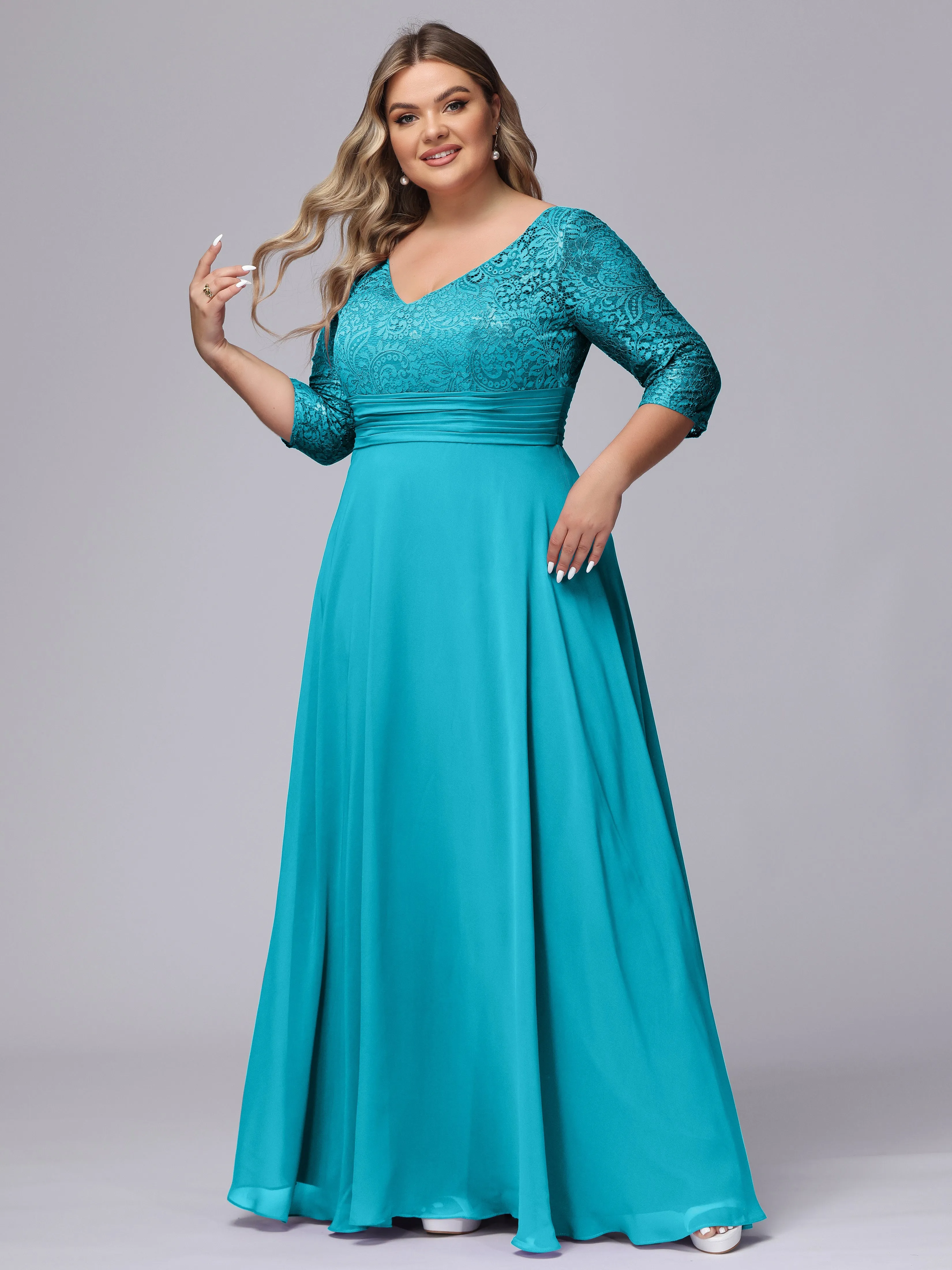 A-line V-Neck 3/4 Sleeves Lace Chiffon Plus Size Bridesmaid Dresses