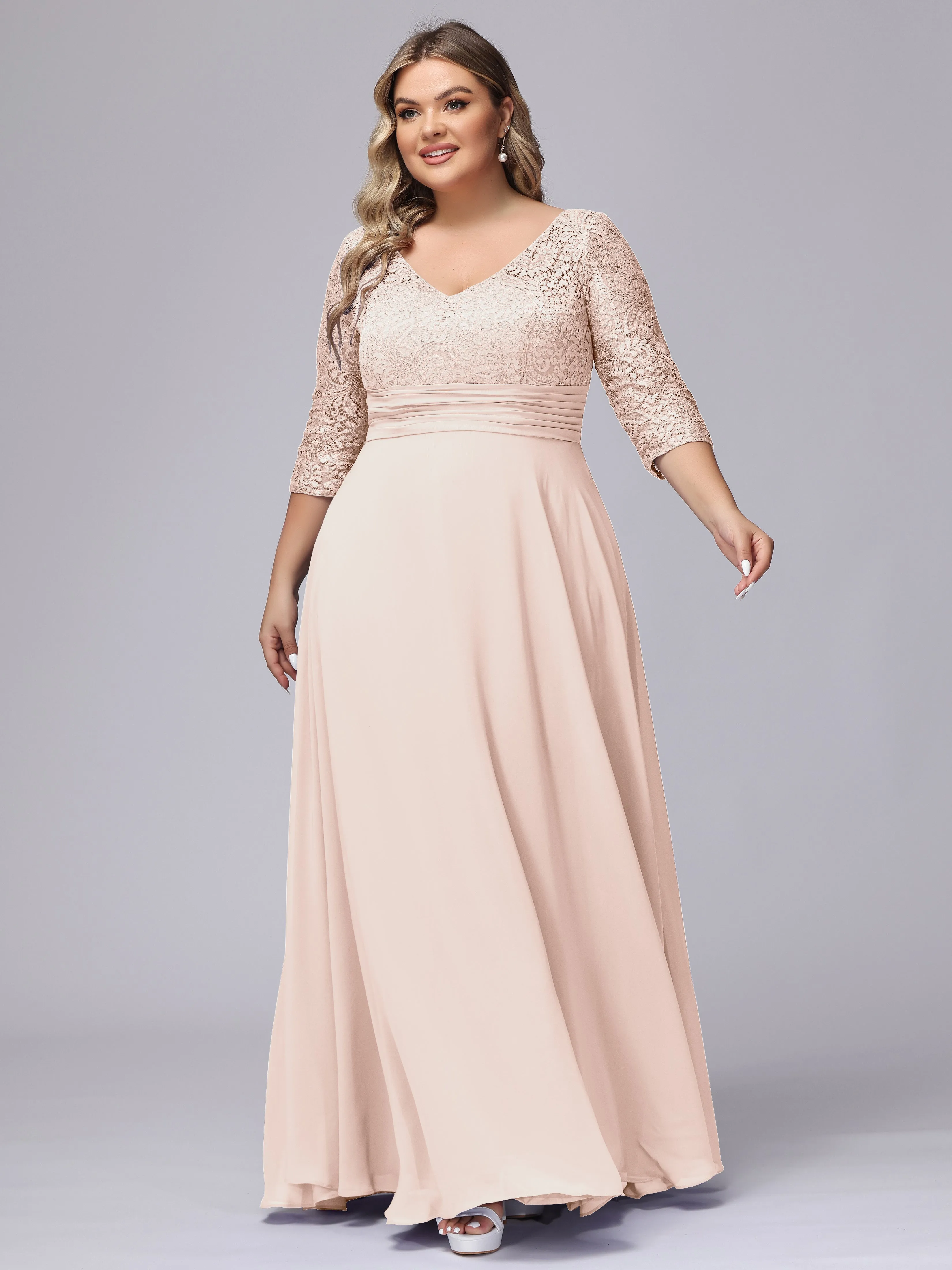 A-line V-Neck 3/4 Sleeves Lace Chiffon Plus Size Bridesmaid Dresses