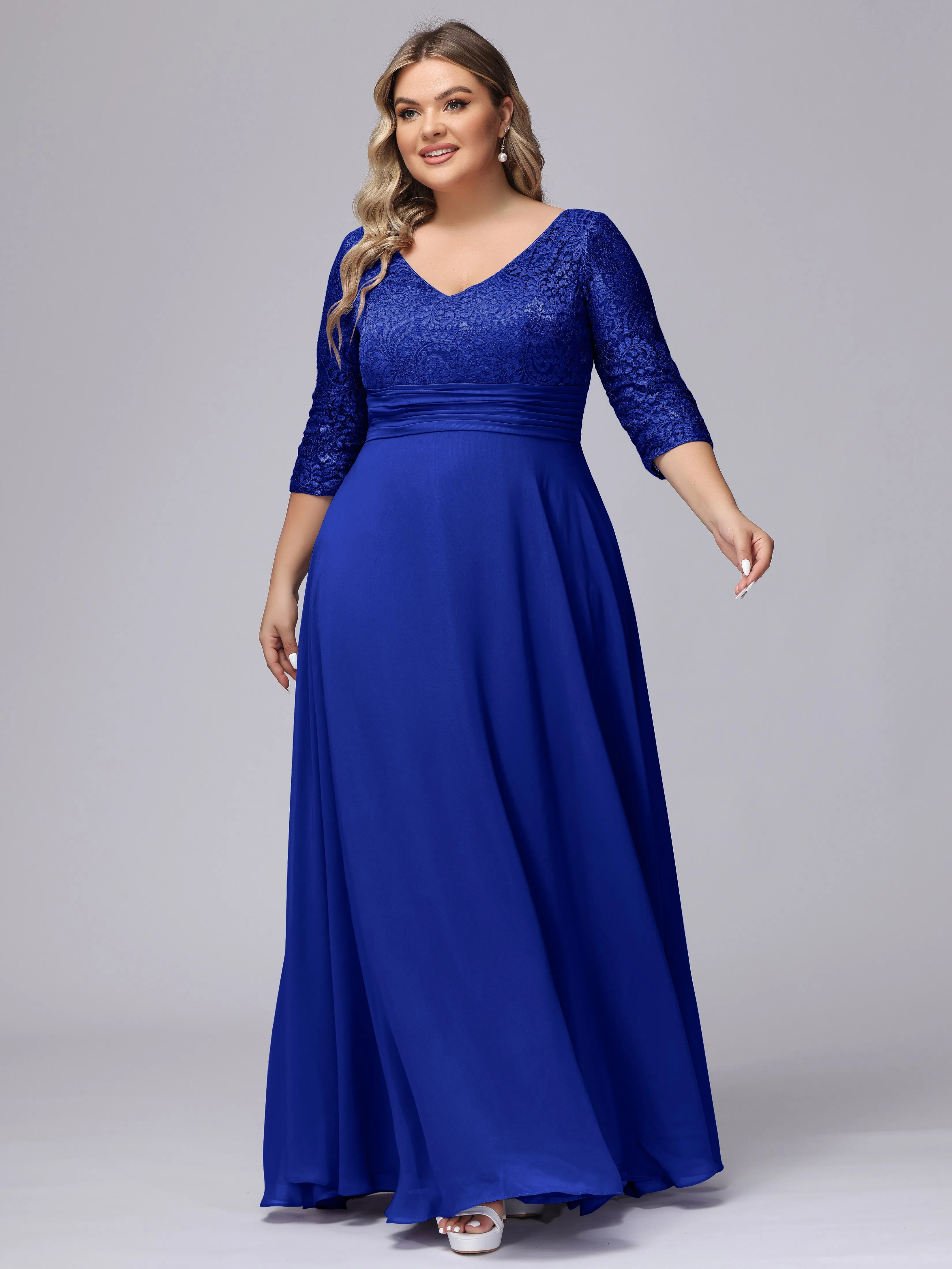 A-line V-Neck 3/4 Sleeves Lace Chiffon Plus Size Bridesmaid Dresses