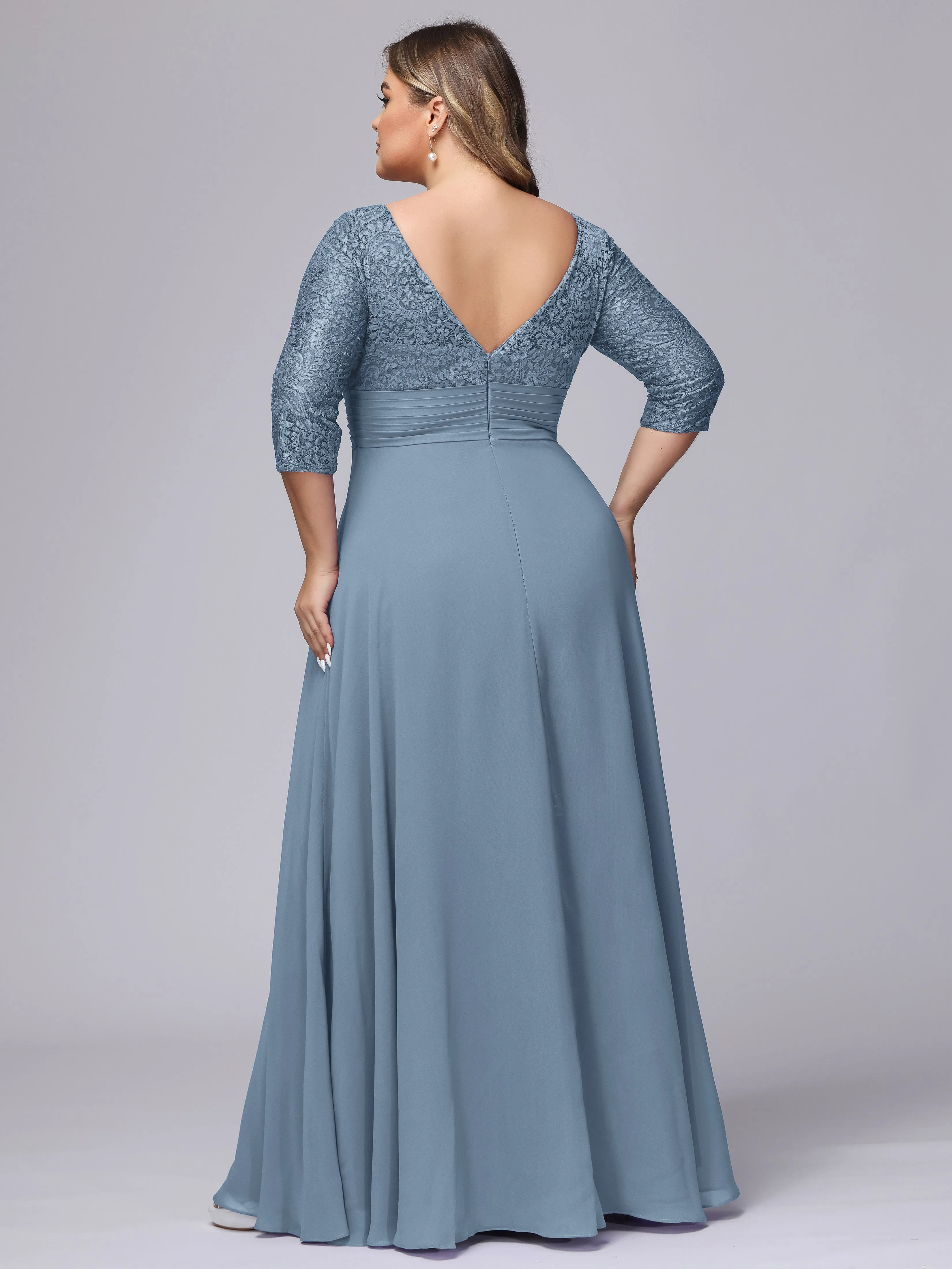 A-line V-Neck 3/4 Sleeves Lace Chiffon Plus Size Bridesmaid Dresses