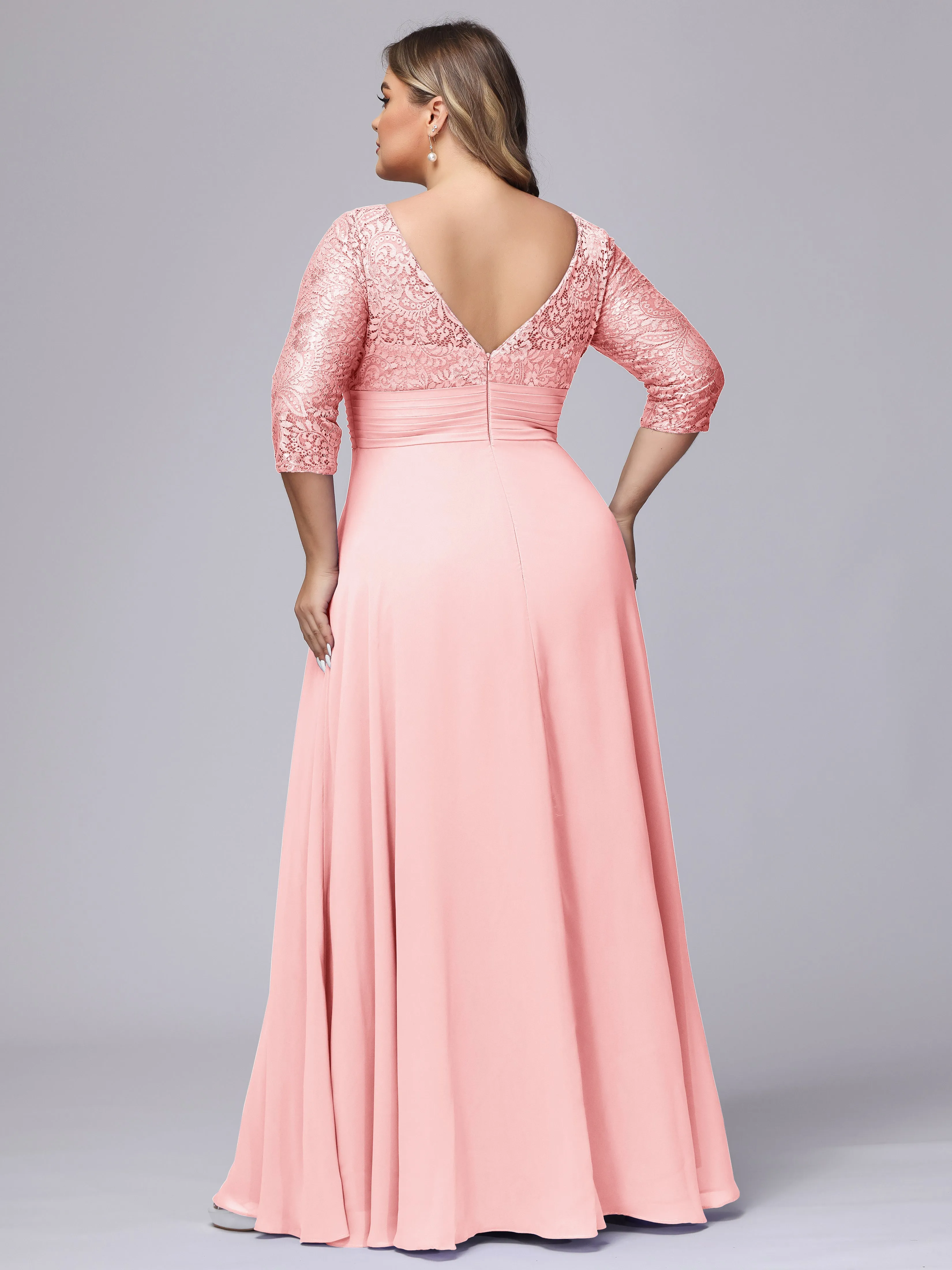 A-line V-Neck 3/4 Sleeves Lace Chiffon Plus Size Bridesmaid Dresses
