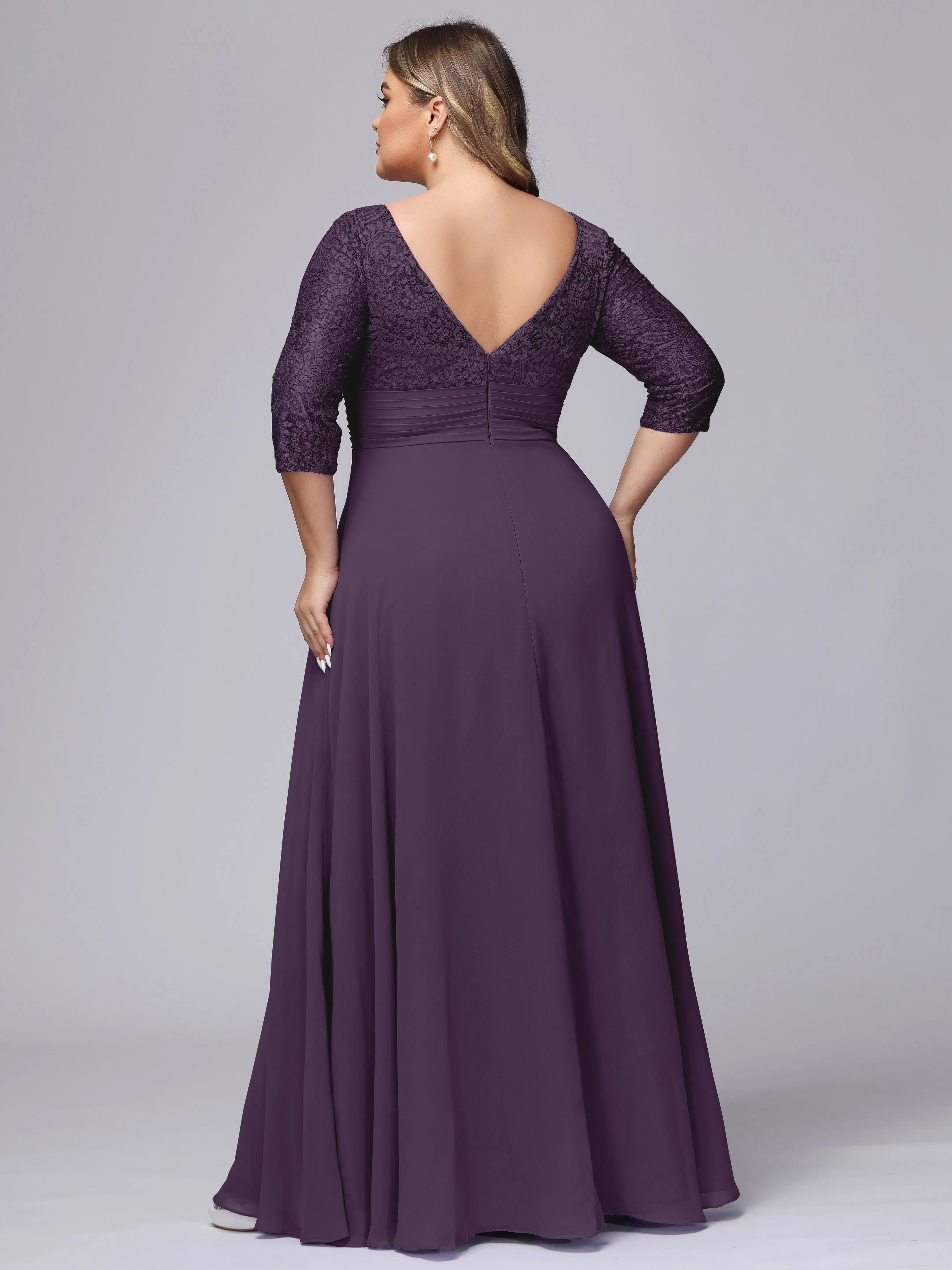 A-line V-Neck 3/4 Sleeves Lace Chiffon Plus Size Bridesmaid Dresses