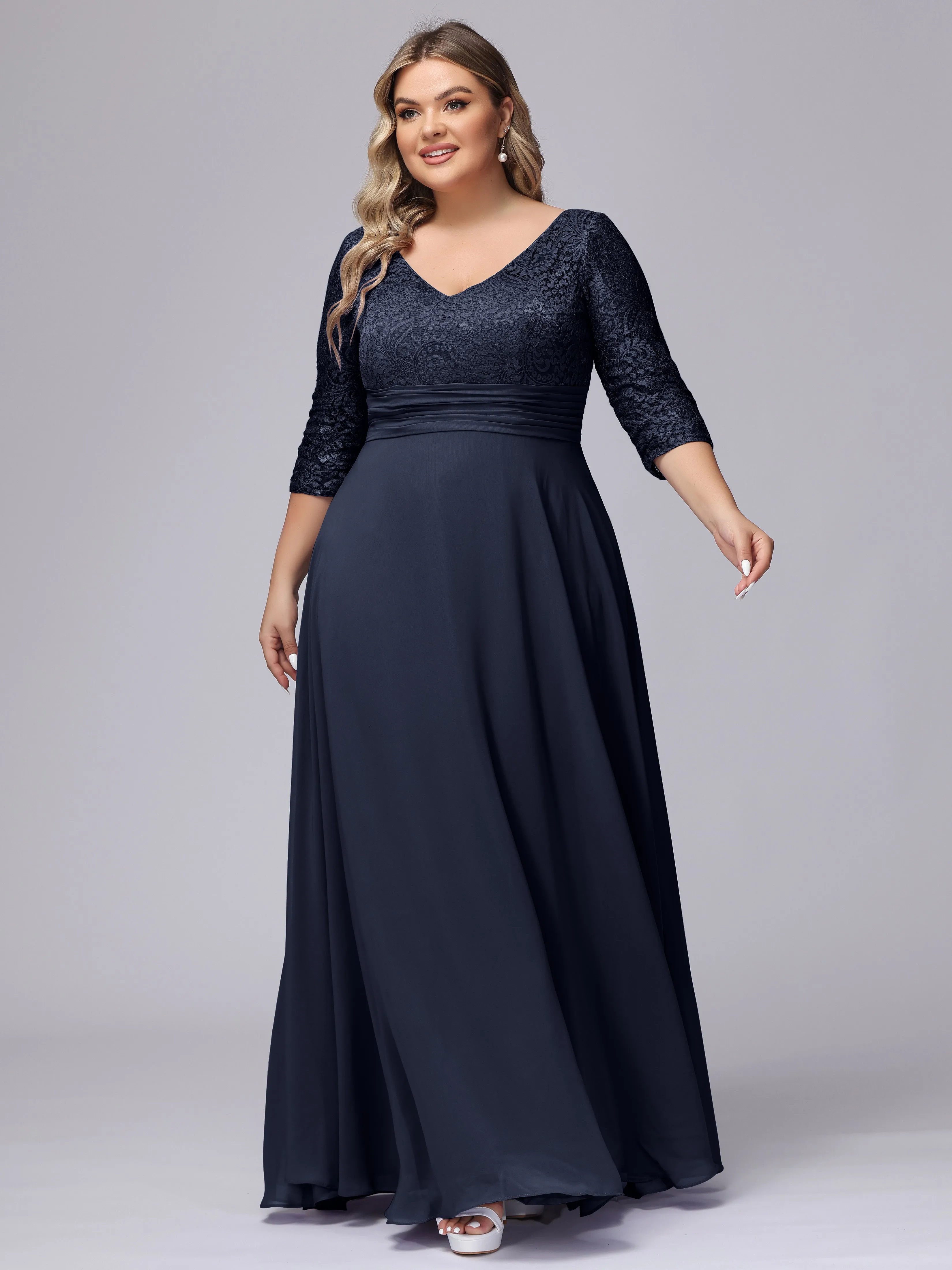 A-line V-Neck 3/4 Sleeves Lace Chiffon Plus Size Bridesmaid Dresses